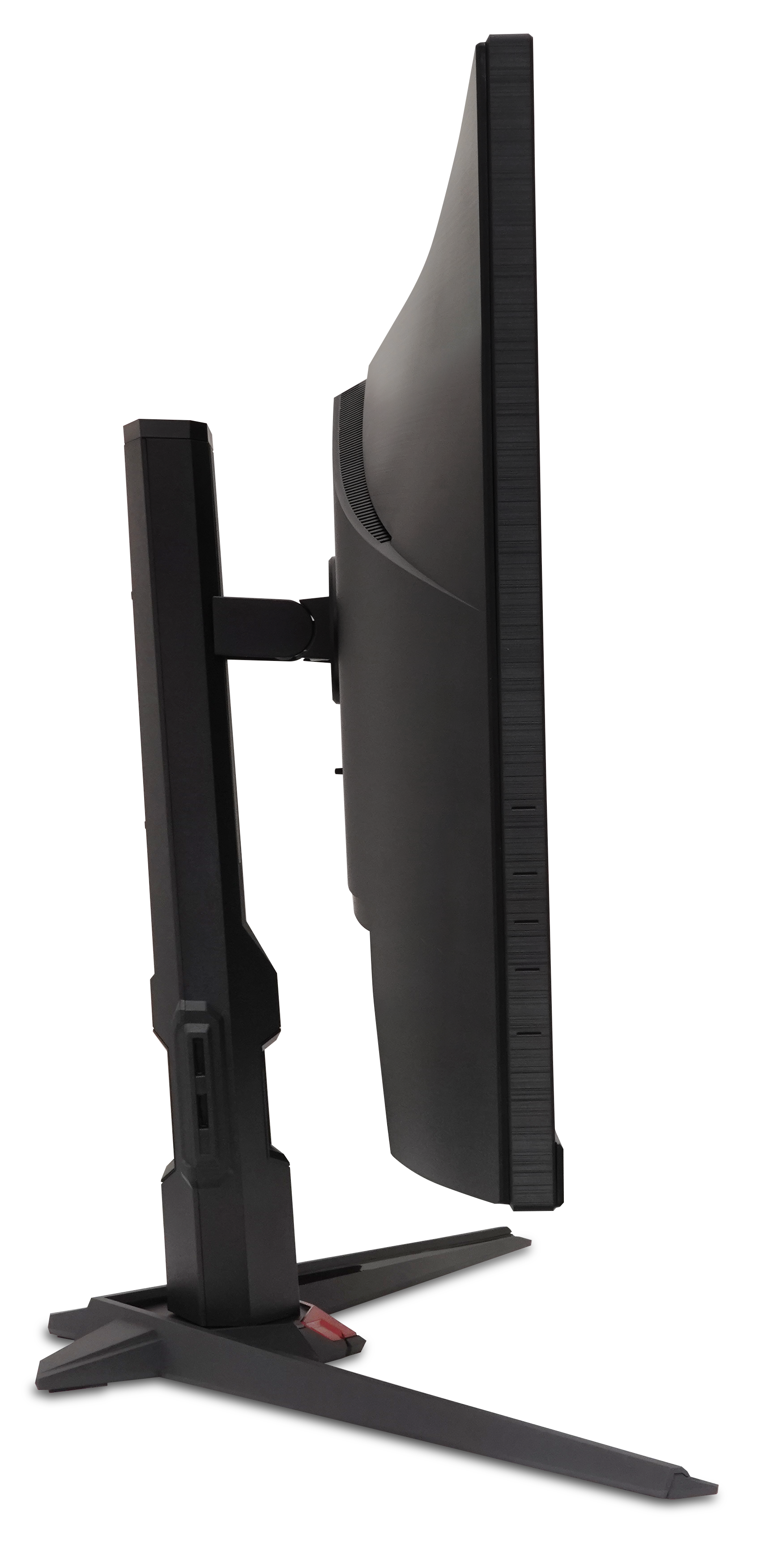 Widok z boku zakrzywionego czarnego monitora komputerowego ze stojakiem na czarnym tle. Monitor jest obrócony w bok.