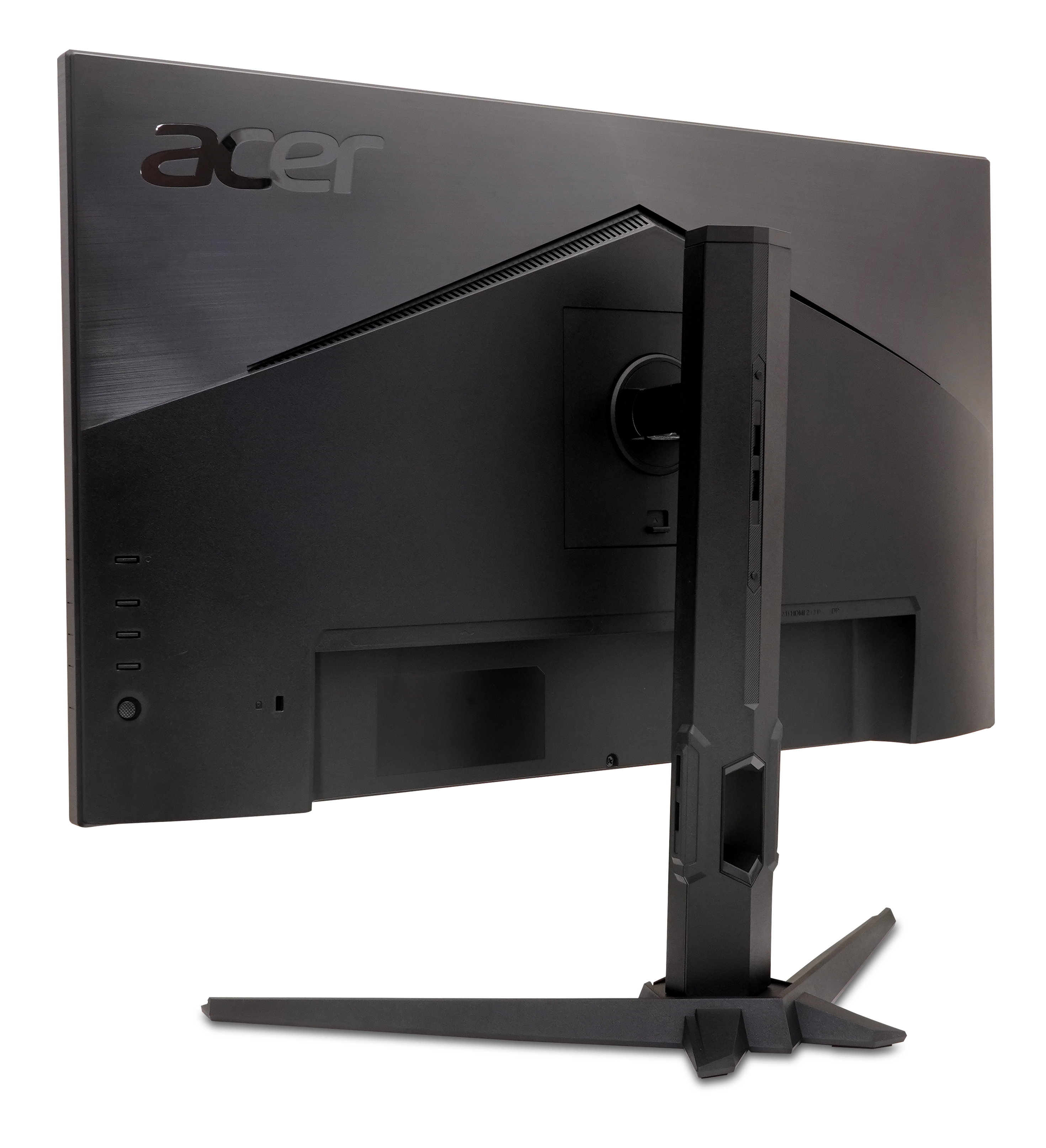 Pokazano tył czarnego monitora Acer. Widoczne jest logo Acer. Widoczny jest również stojak i porty.
