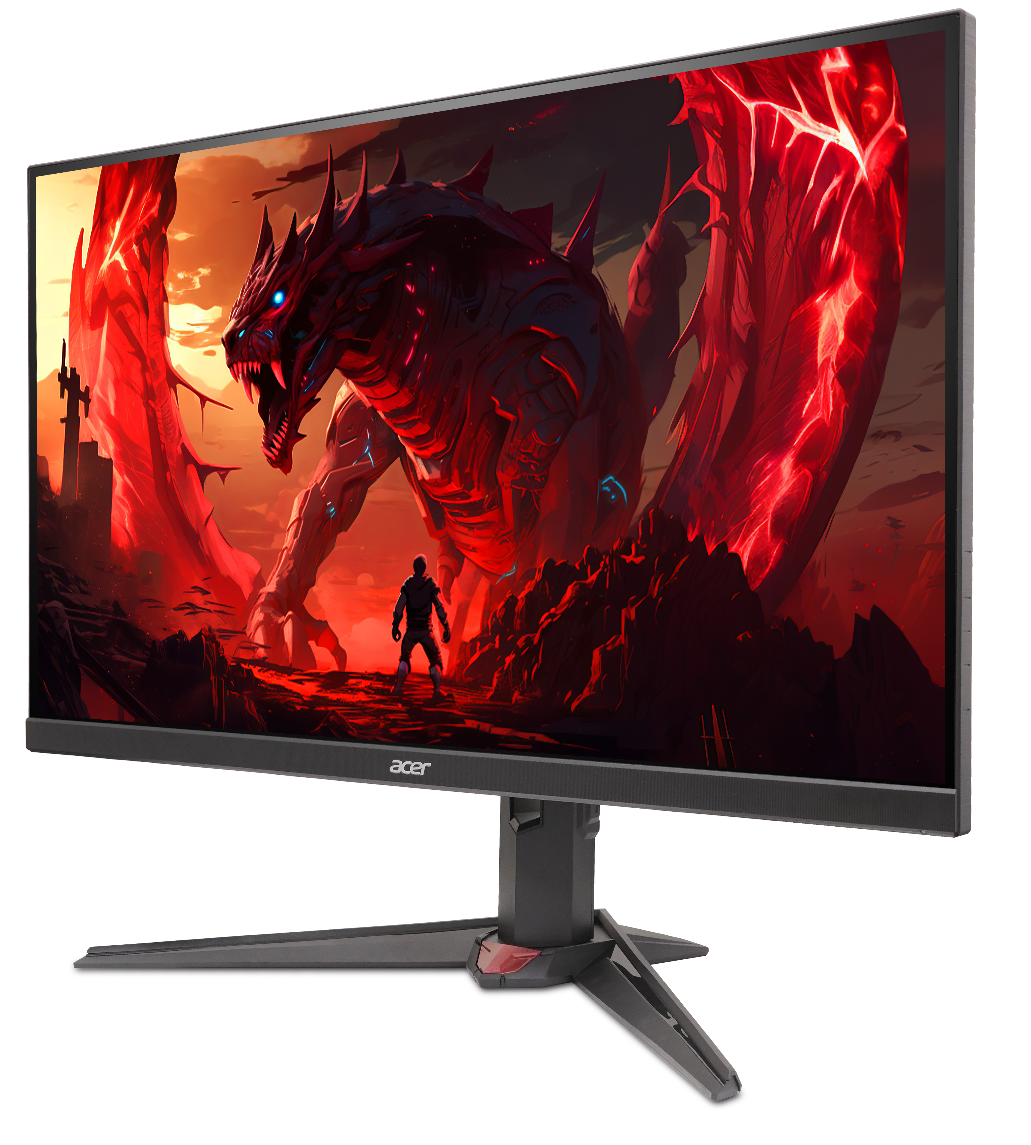 Monitor wyświetla czerwonego smoka, postać i miasto na tle ognistego tła. Monitor jest czarny i ma markę Acer.