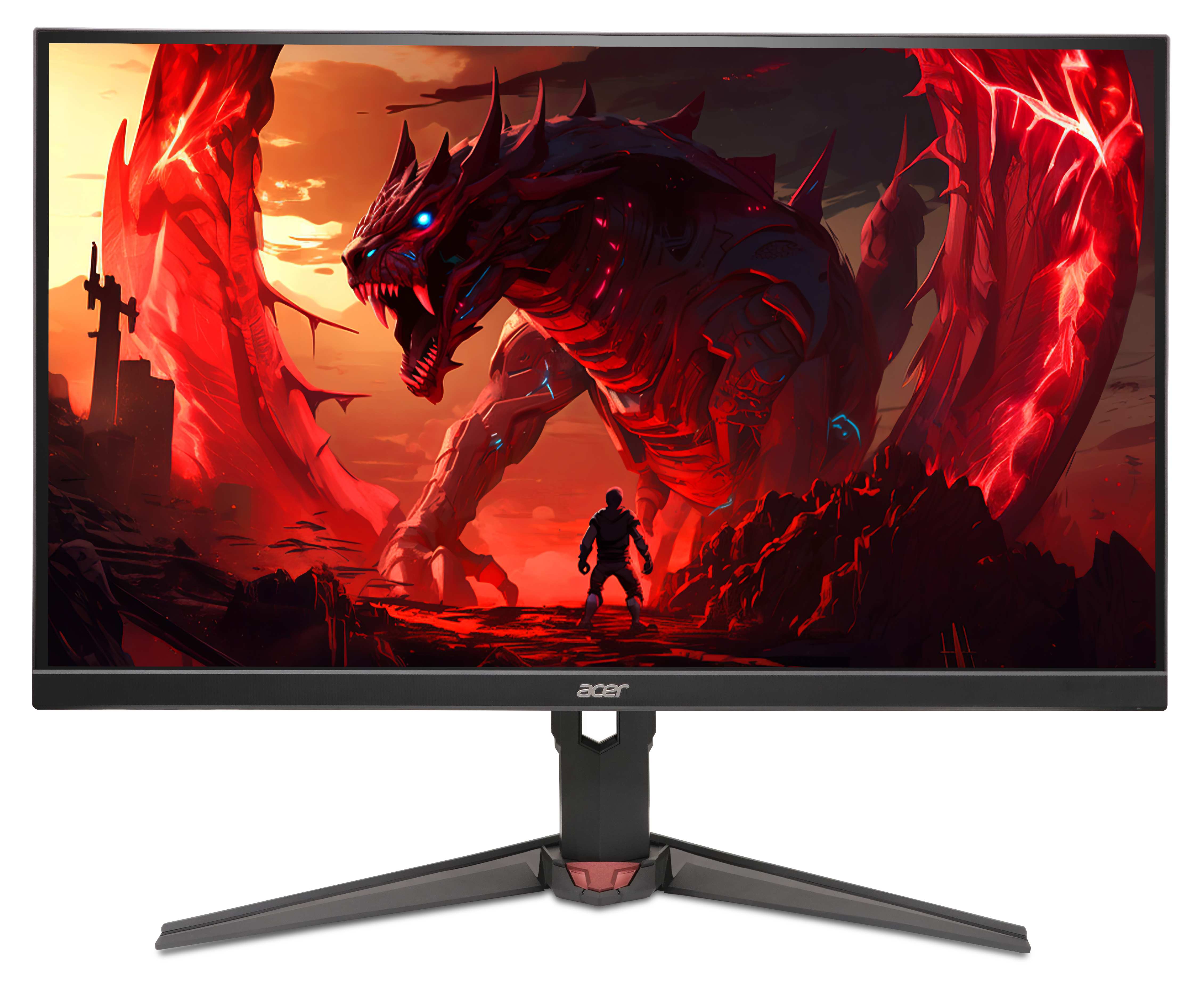 Monitor Acer wyświetla fantastyczną scenę: smok stoi naprzeciwko osoby. Czerwone niebo i góry w tle.