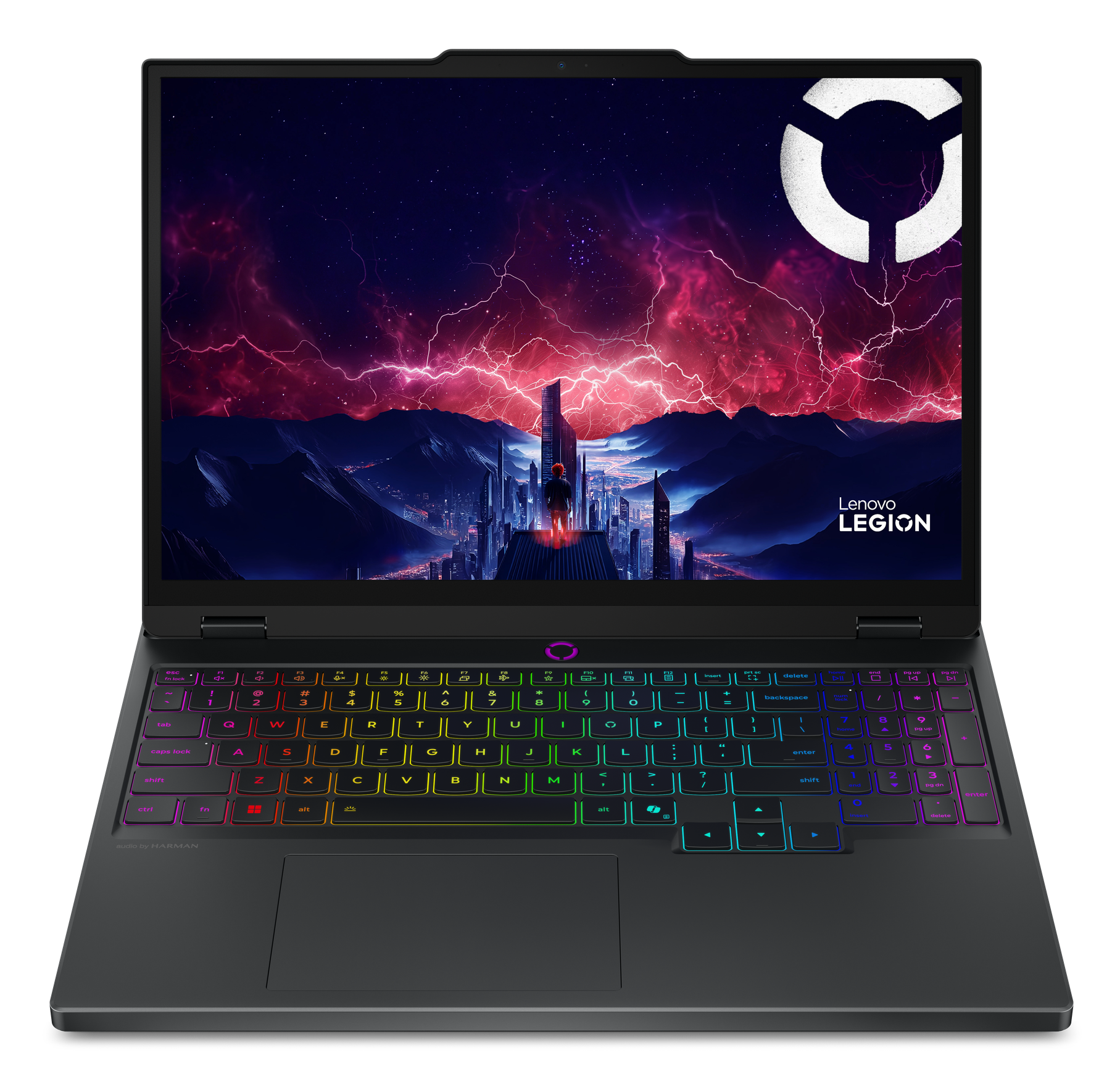 Laptop Lenovo Legion wyświetla scenę miejską z błyskawicami. Klawiatura ma kolorowe podświetlane klawisze.