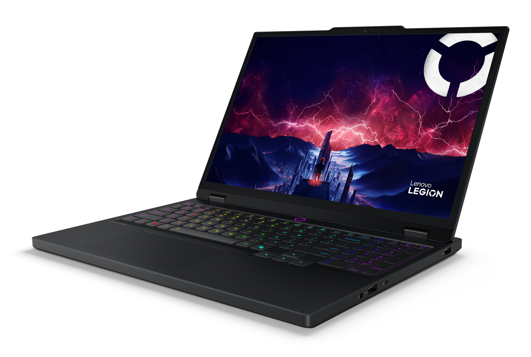 Czarny laptop Lenovo Legion. Ekran wyświetla scenę sztuki cyfrowej. Klawiatura jest podświetlana różnymi kolorami.