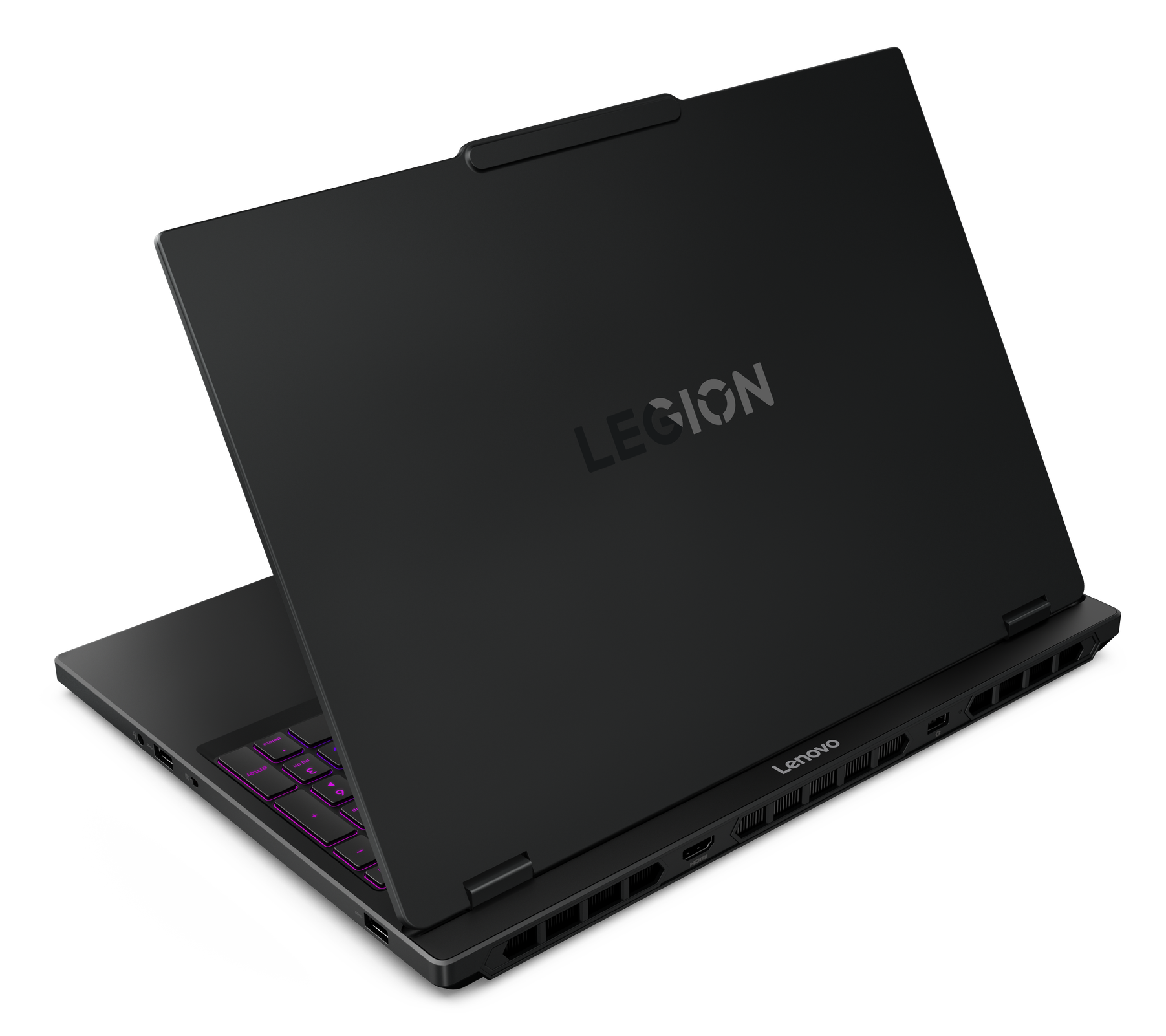 Czarny laptop Lenovo Legion, lekko otwarty. Widoczne logo Legion. Klawiatura z fioletowym podświetleniem. Czarne tło.