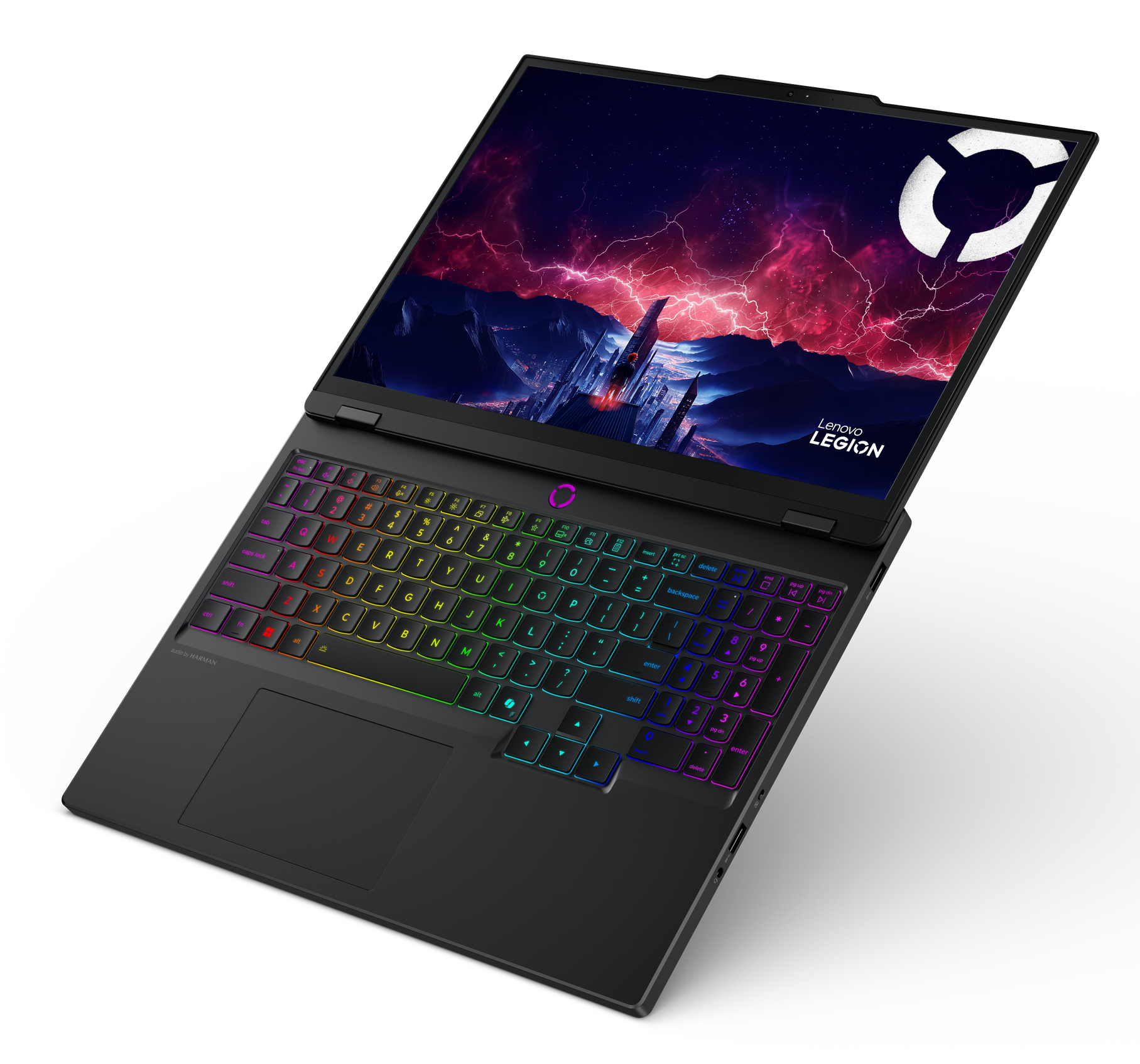 Czarny laptop Lenovo Legion z kolorową podświetlaną klawiaturą. Ekran wyświetla scenę science fiction.