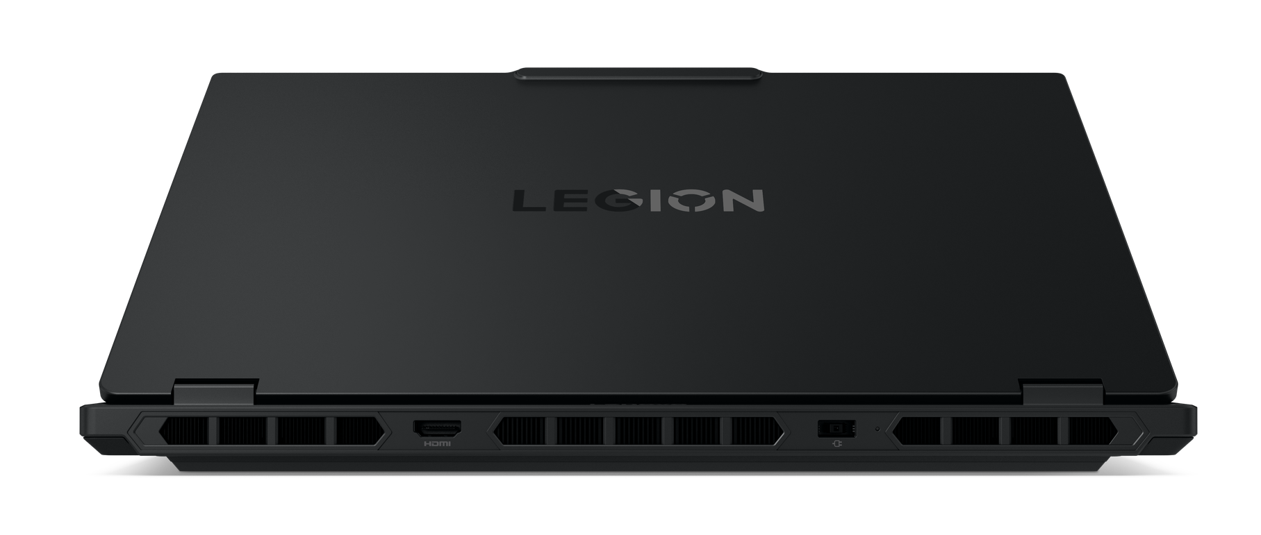 Czarny laptop z napisem 'LEGION' na górze. Na dole znajdują się otwory wentylacyjne, port HDMI i inne porty.