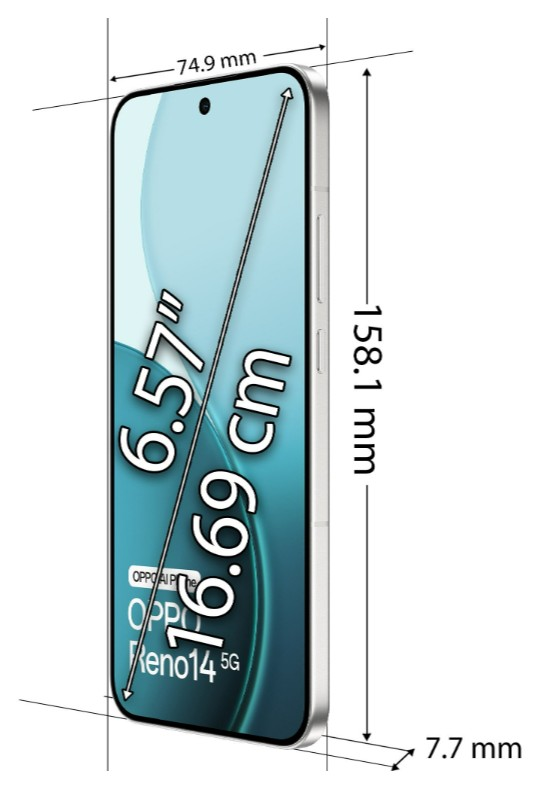 Smartfon z oznaczonymi wymiarami. Rozmiar ekranu to 6,57", 16,69 cm. Telefon ma 158,1 mm wysokości, 74,9 mm szerokości i 7,7 mm grubości.