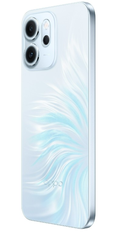 Jasnoniebieski smartfon ze srebrnymi krawędziami. Ma wypukłość aparatu z trzema obiektywami. Tył ma wzór fal.