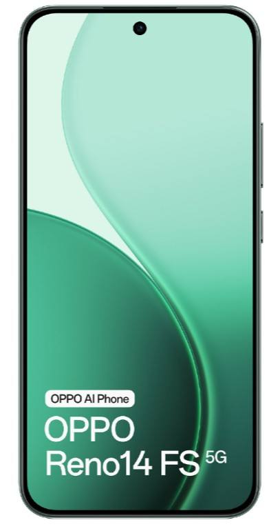 Smartfon z zielonym gradientem na ekranie. Posiada przedni aparat i napis OPPO Reno14 FS 5G na ekranie.