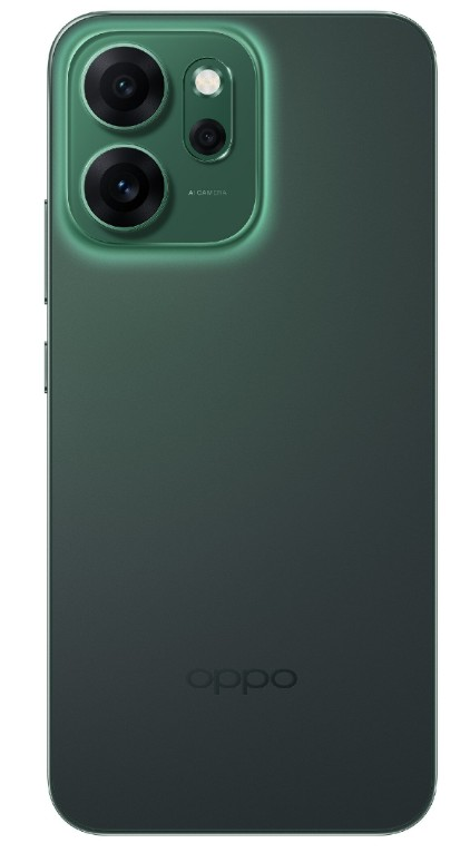 Zielona tylna strona smartfona. U góry znajduje się układ kamery z obiektywami i lampą błyskową. Logo Oppo jest na dole.