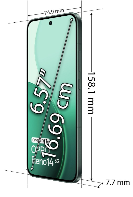 Telefon jest zielony i ma wymiary oraz szczegóły dotyczące rozmiaru ekranu. Marka to Oppo Reno14 5G.