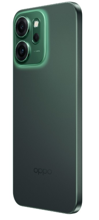 Zielony smartfon Oppo. Posiada aparat z trzema obiektywami z tyłu. Widoczne logo Oppo. Telefon jest pod kątem.