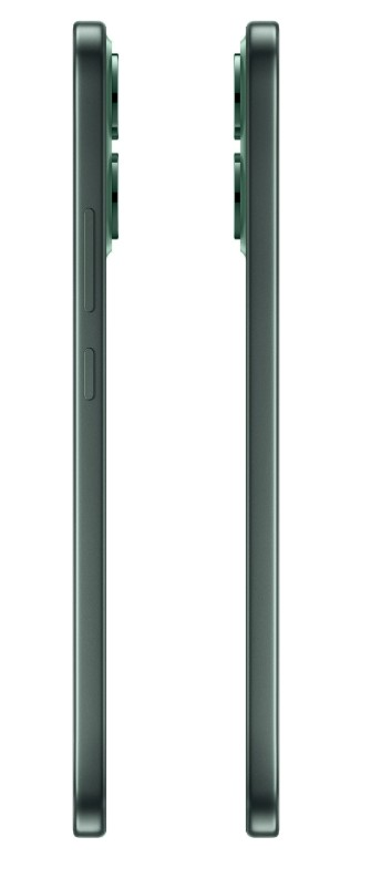 Dwa zielone smartfony obok siebie. Jeden pokazuje przyciski, drugi obiektywy aparatu. Białe tło.