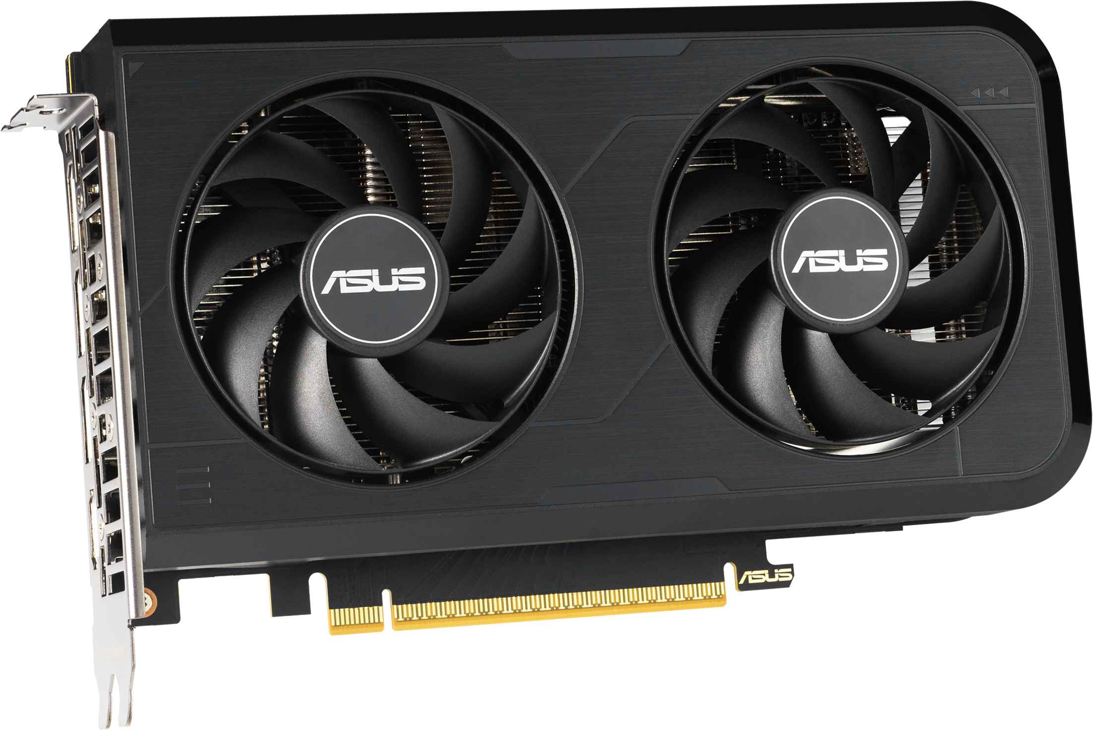 Carte graphique ASUS noire avec deux ventilateurs. Les ventilateurs ont le logo ASUS. La carte a des connecteurs dorés et un support argenté.