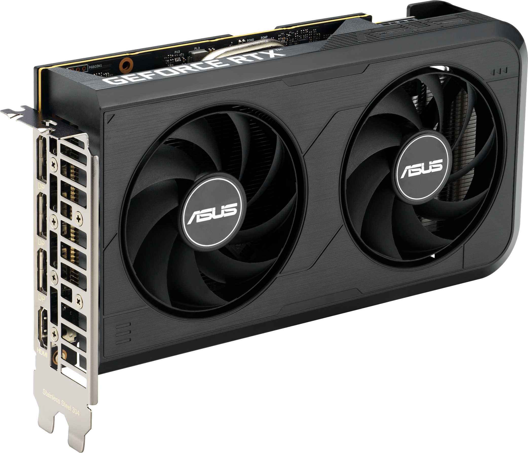 Une carte graphique ASUS GeForce RTX noire avec deux ventilateurs. La carte a plusieurs ports et le logo ASUS.