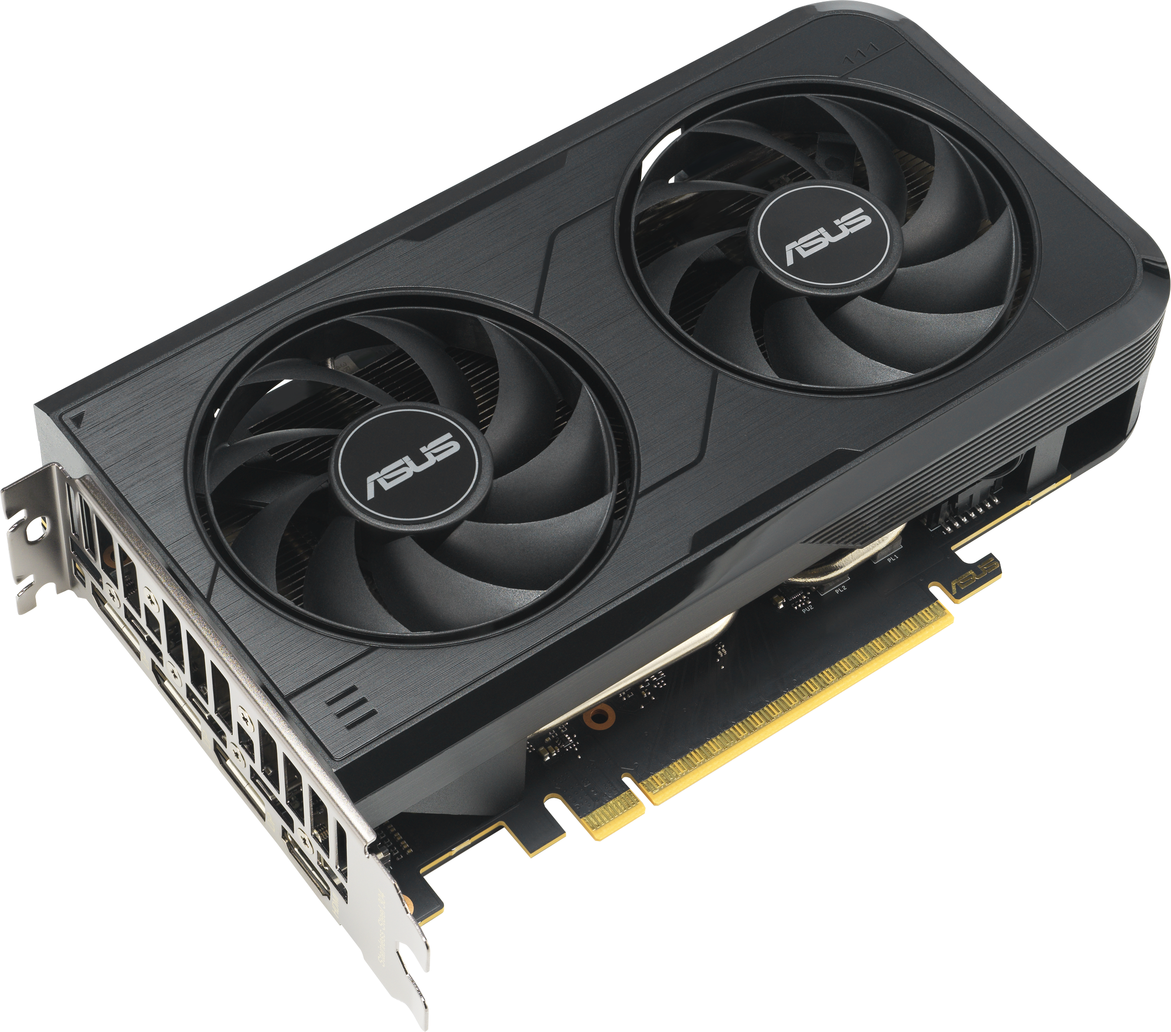 Carte graphique ASUS noire avec deux ventilateurs, fond blanc. La carte a un corps noir, des ventilateurs et des connecteurs dorés.