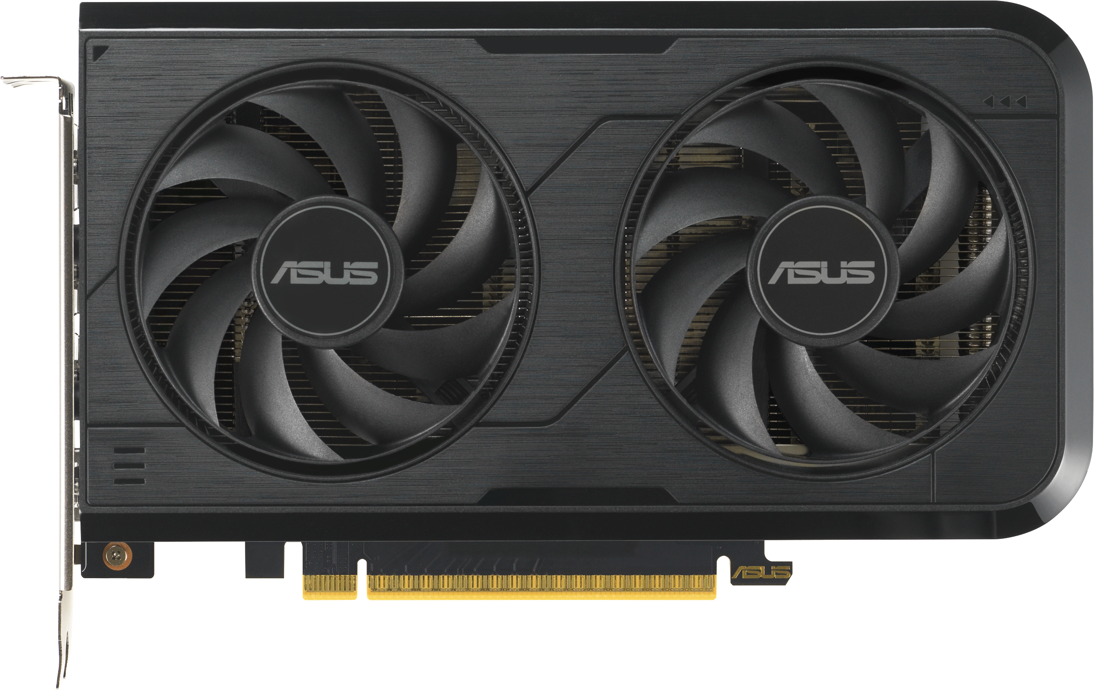 Carte graphique ASUS noire. Elle comporte deux ventilateurs, le logo ASUS et des connecteurs dorés.