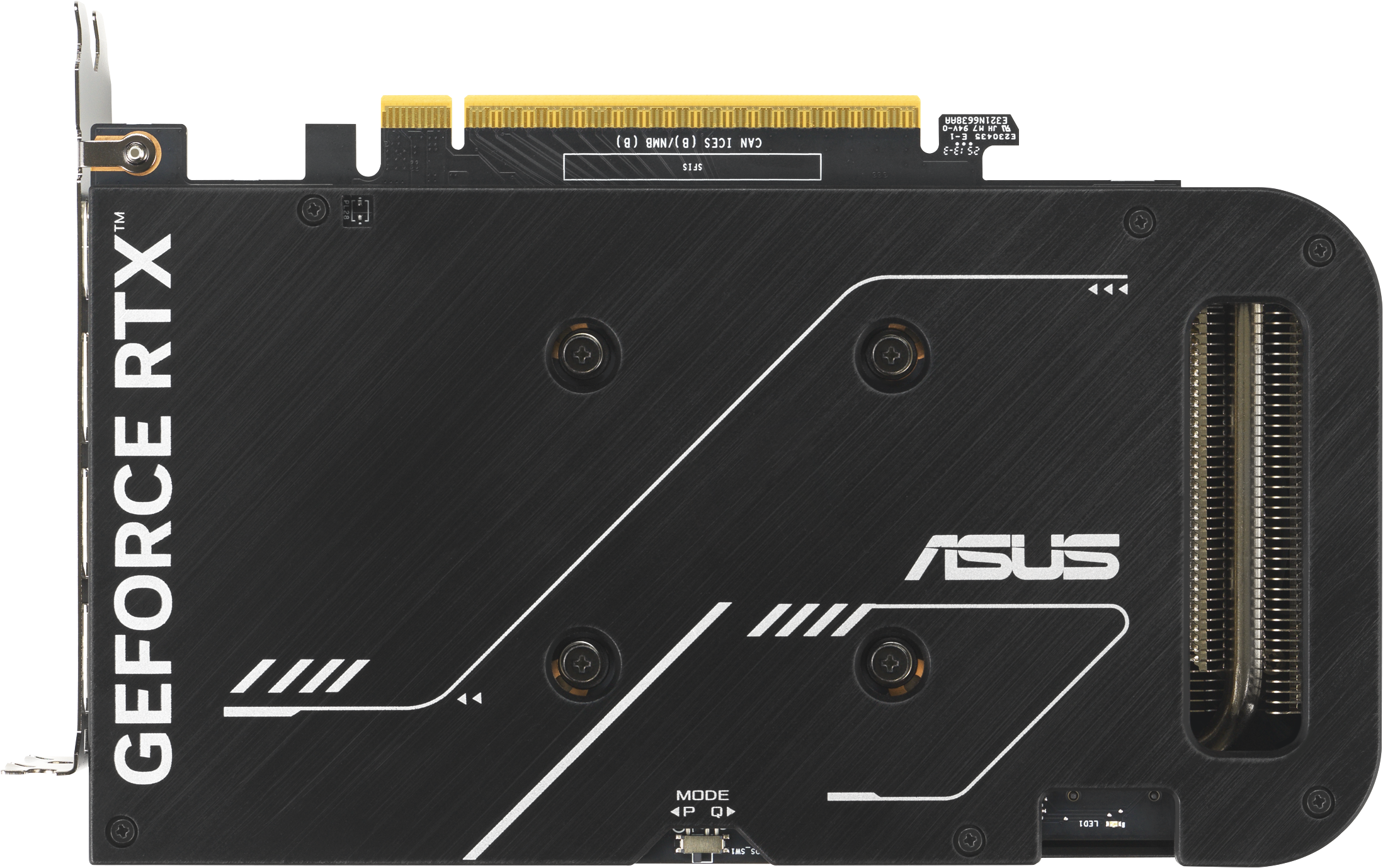 Une carte graphique ASUS GeForce RTX noire et argentée est affichée. Elle comporte un grand dissipateur thermique, le logo ASUS et divers graphismes blancs.