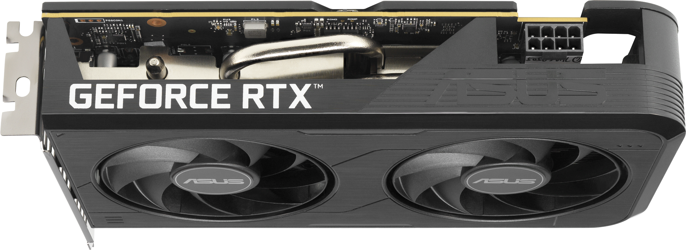 Une carte graphique noire avec deux ventilateurs, la marque GeForce RTX est visible. C'est un modèle ASUS.