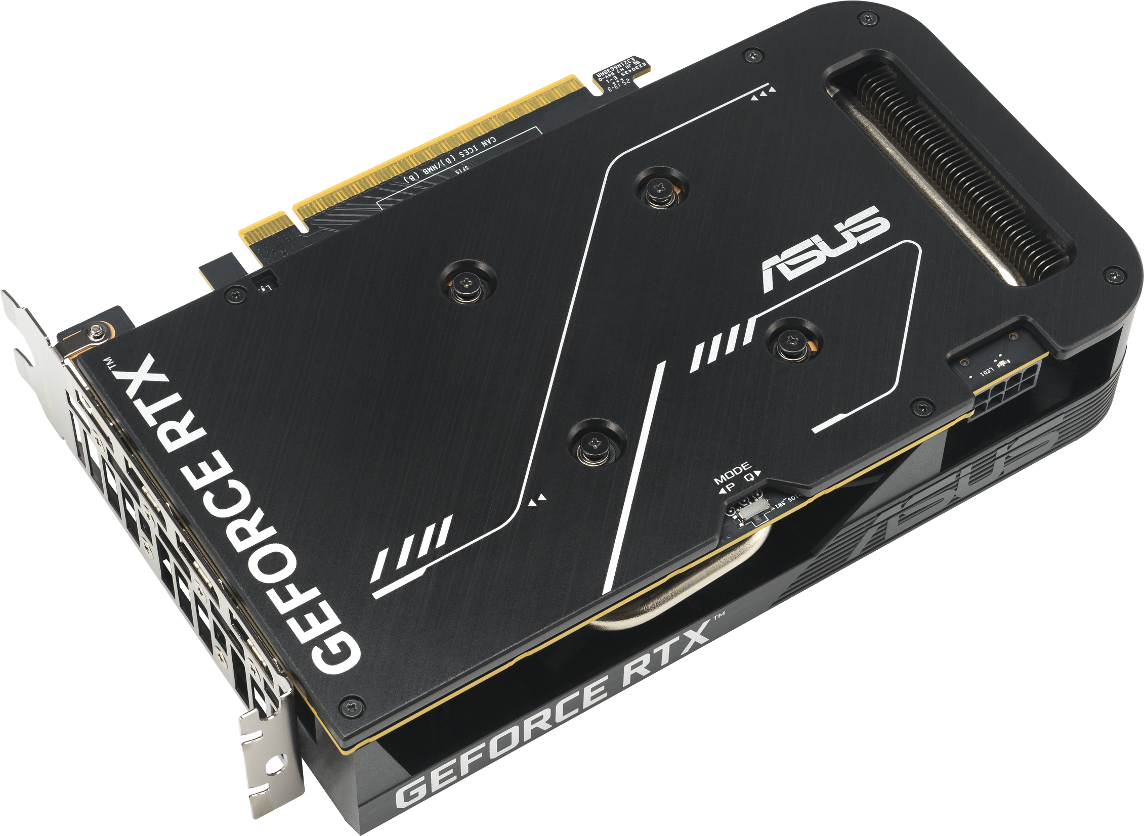 Une carte graphique ASUS GeForce RTX noire et argentée sur une surface blanche. La carte a du texte blanc et un élément de refroidissement.