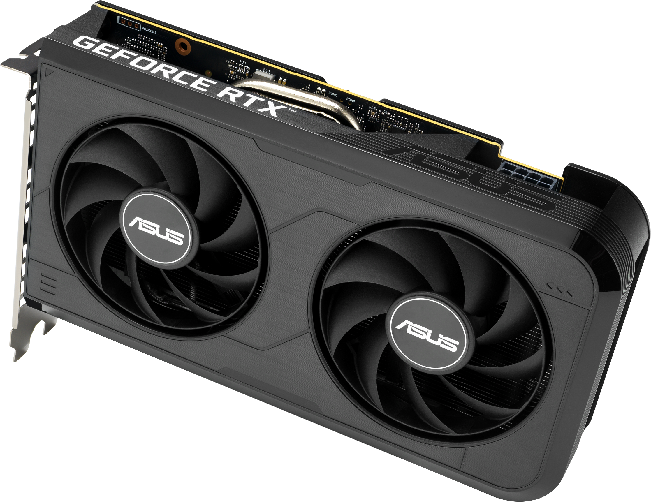 Carte graphique ASUS GeForce RTX noire avec deux ventilateurs. La carte est sur fond blanc.