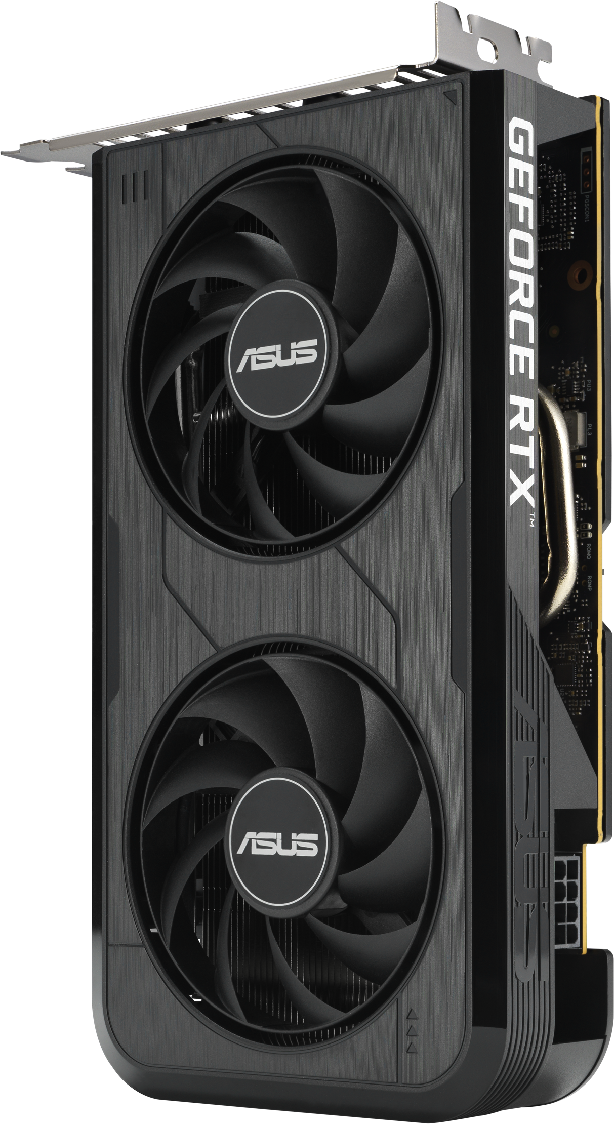 Une carte graphique ASUS GeForce RTX noire avec deux ventilateurs. La carte a un support métallique et le mot 'GEFORCE RTX' est visible.