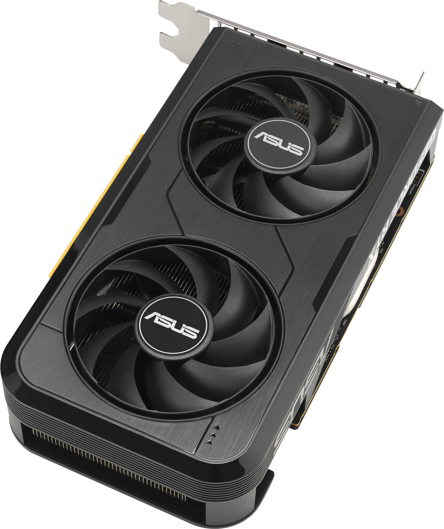 Une carte graphique ASUS noire avec deux ventilateurs. Les ventilateurs ont le logo ASUS au centre. La carte est sur fond blanc.