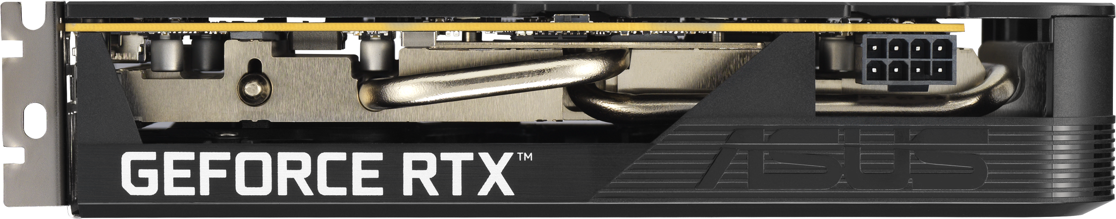 Une carte graphique noire et argentée. Les textes "GEFORCE RTX" et "ASUS" sont visibles.