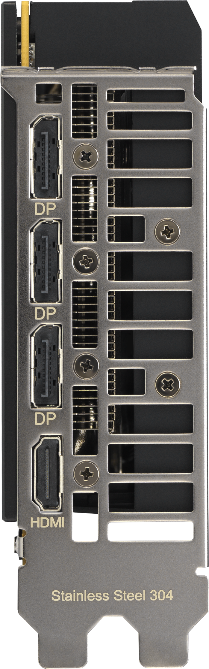 Composant métallique avec ports DP et HDMI, couleur argent, vis et texte Acier Inoxydable 304.