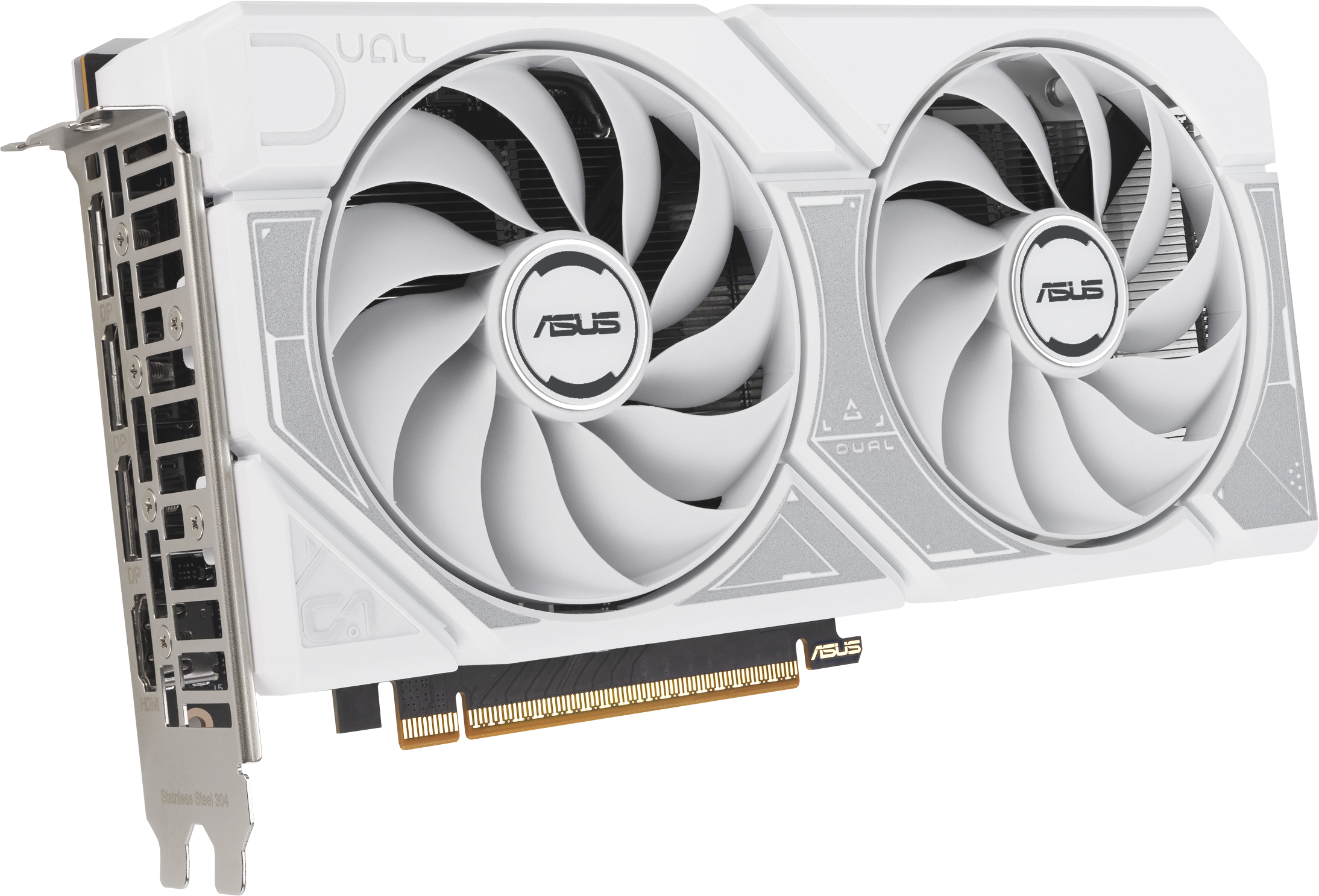 Carte graphique ASUS blanche et argentée. Elle possède deux ventilateurs, le logo ASUS et divers ports sur le côté.