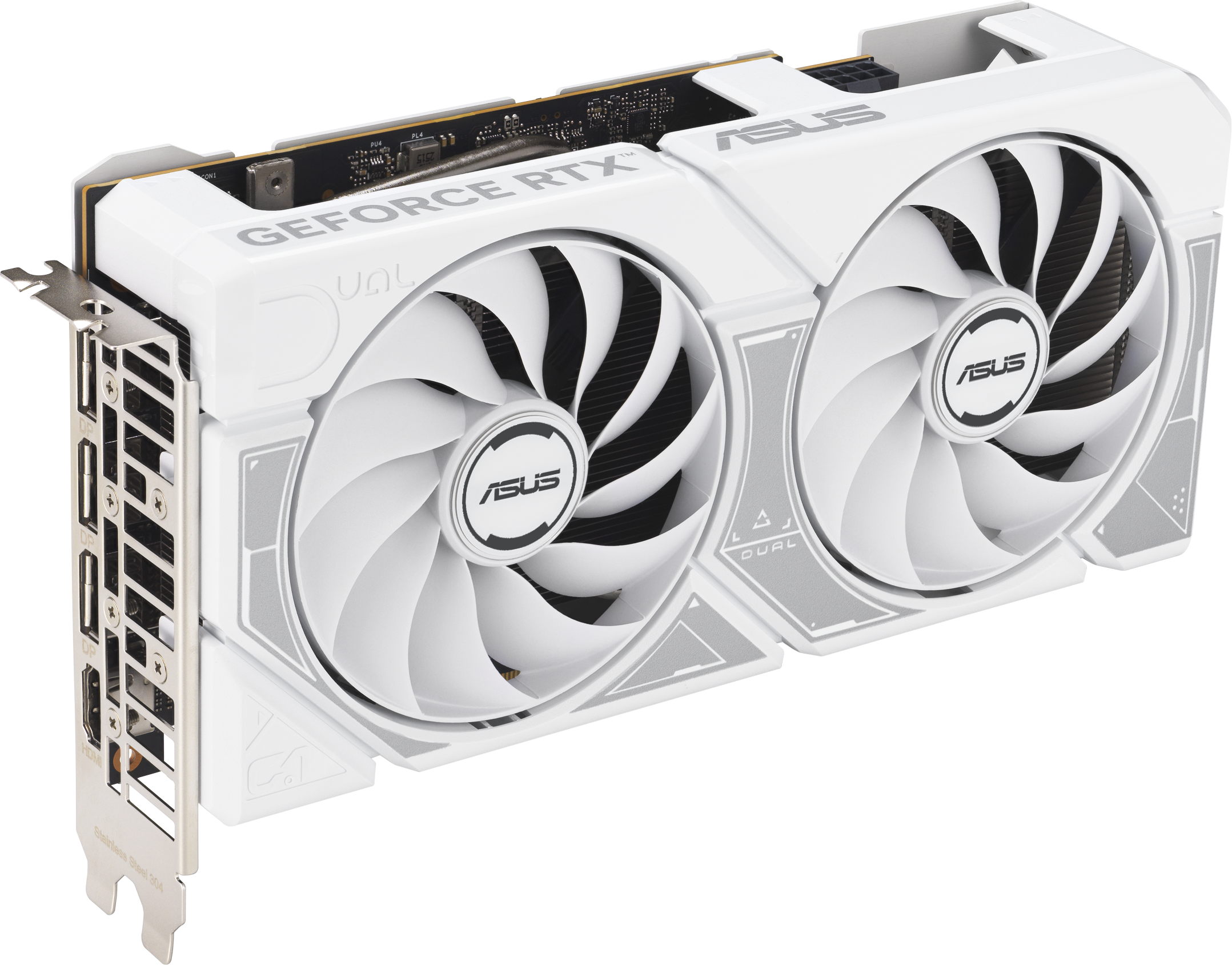 Une carte graphique ASUS GeForce RTX blanche avec deux ventilateurs est sur une surface blanche. Les ventilateurs ont le logo ASUS.
