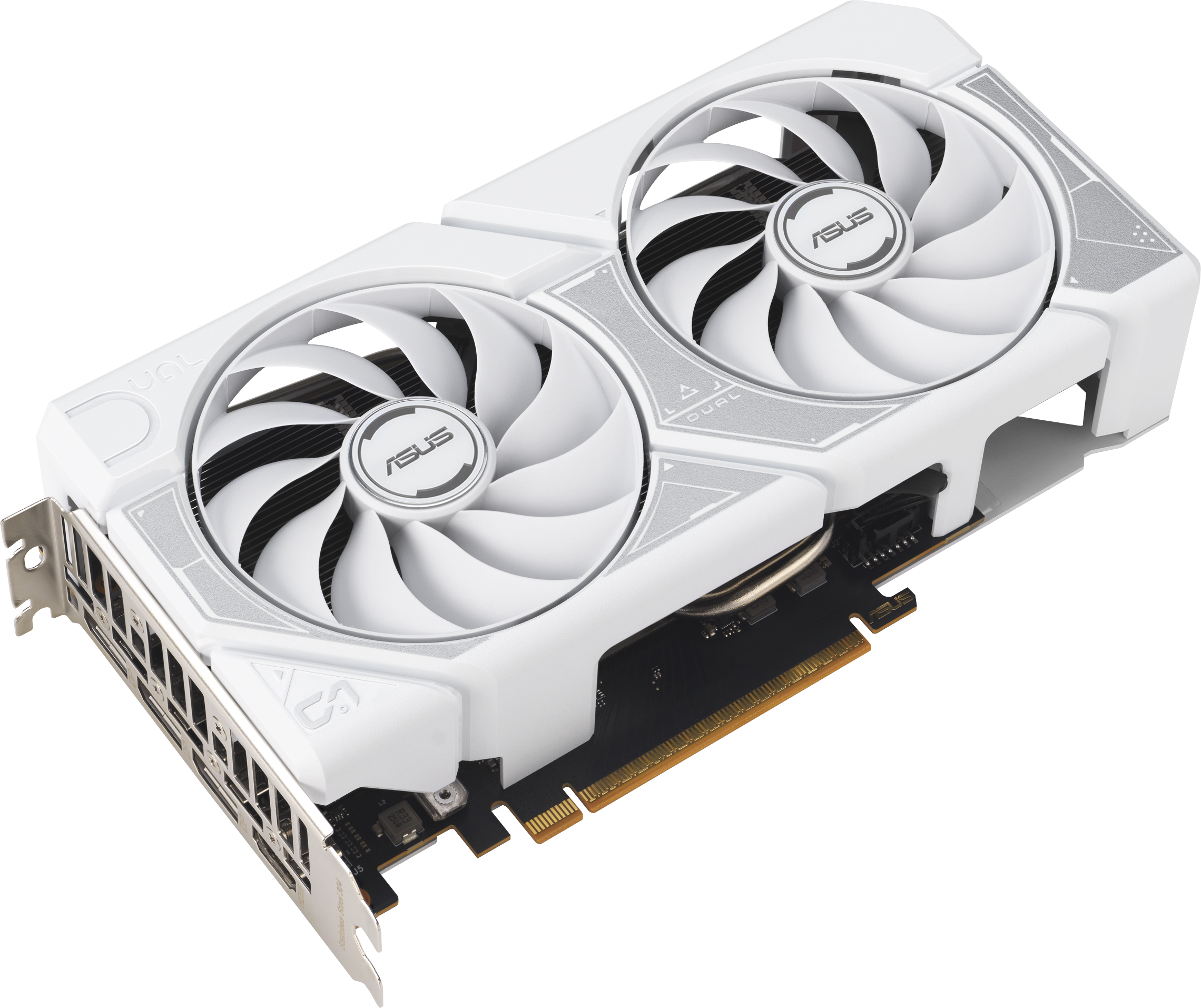 Une carte graphique ASUS Dual blanche et argentée. Comprend deux ventilateurs, des logos ASUS et une carte de circuit imprimé noire.