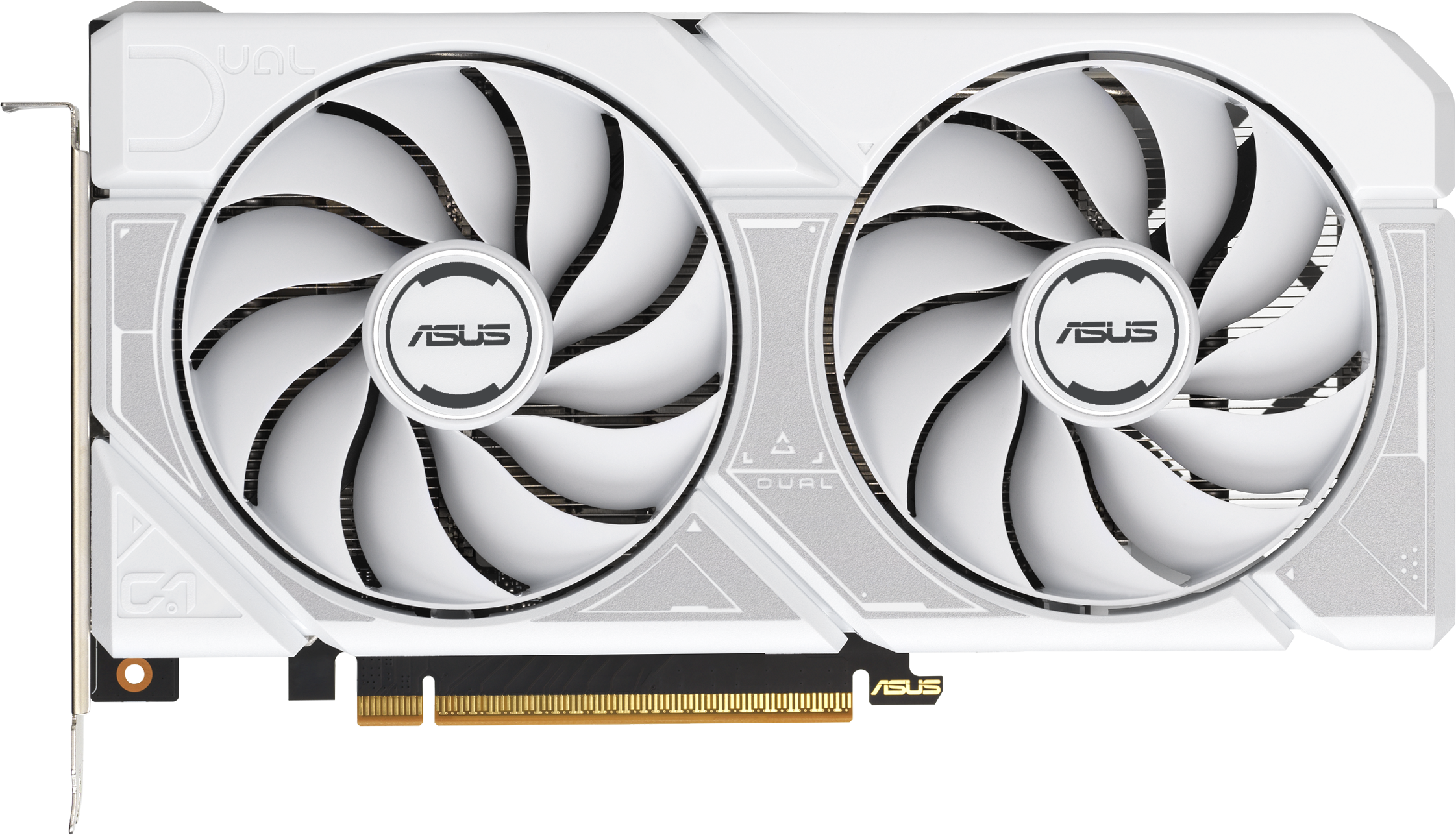 Carte graphique ASUS blanche. Deux grands ventilateurs dominent, avec le logo ASUS au centre. La carte a un design blanc et argent.