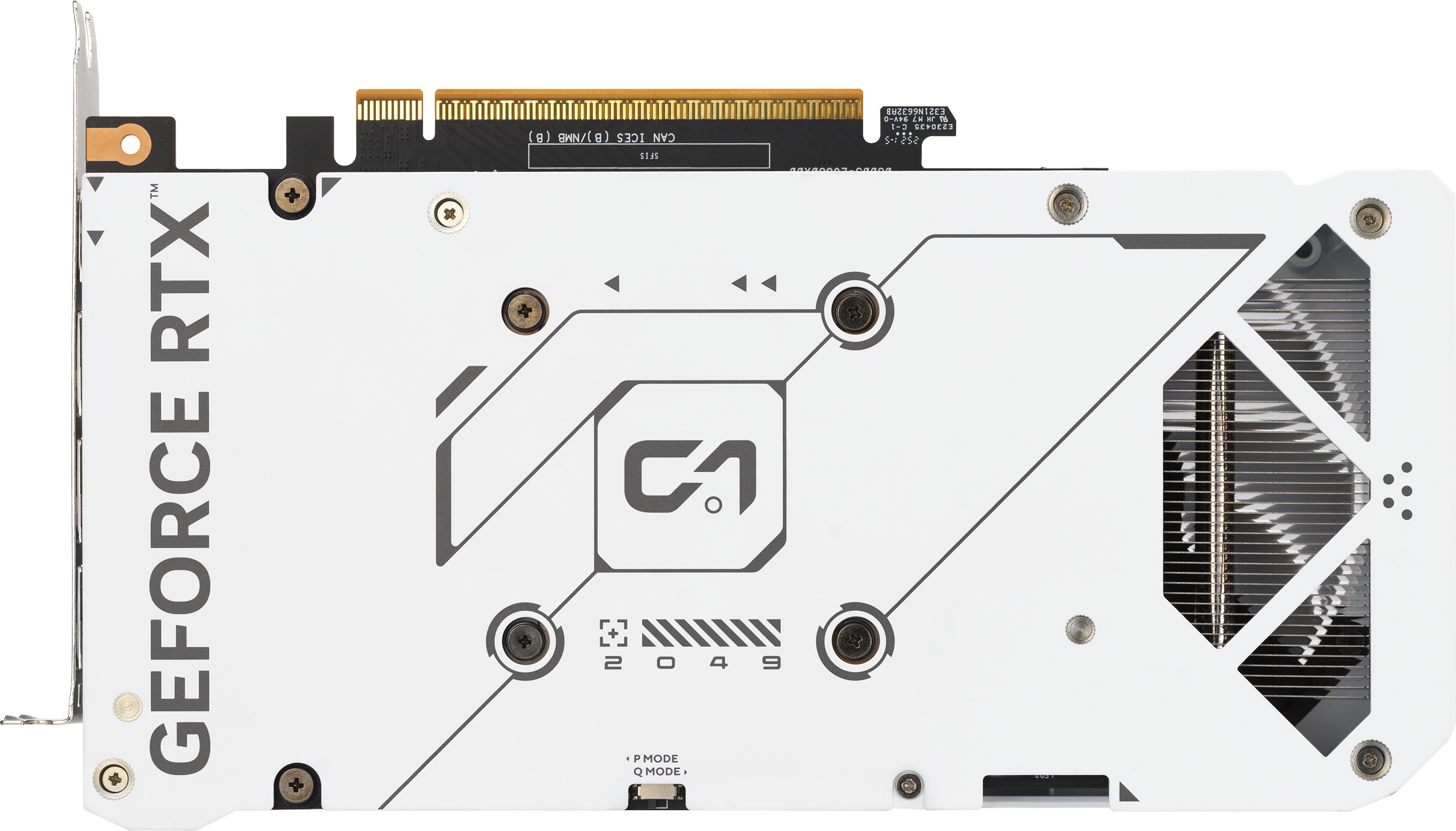 Une carte graphique blanche avec des accents noirs. Le texte comprend 'GEFORCE RTX' et 'CAN ICES'. La carte possède un ventilateur et des composants métalliques.