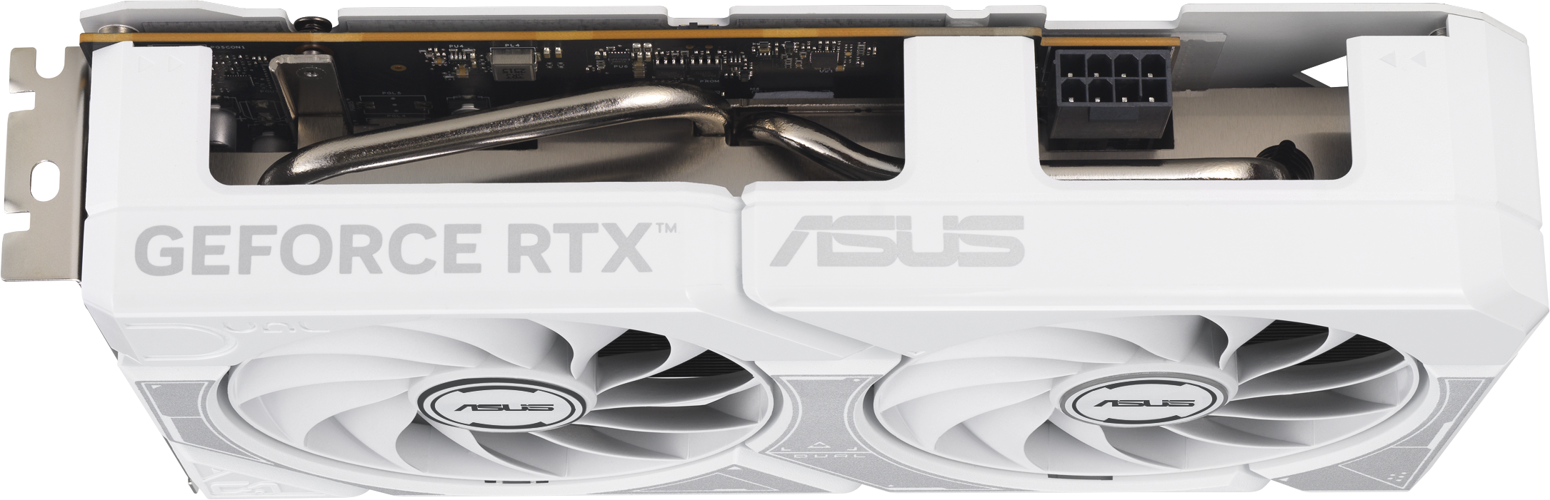 Une carte graphique ASUS GeForce RTX blanche. Elle a deux ventilateurs, des accents argentés, et les mots 'GEFORCE RTX' et 'ASUS' sont visibles.