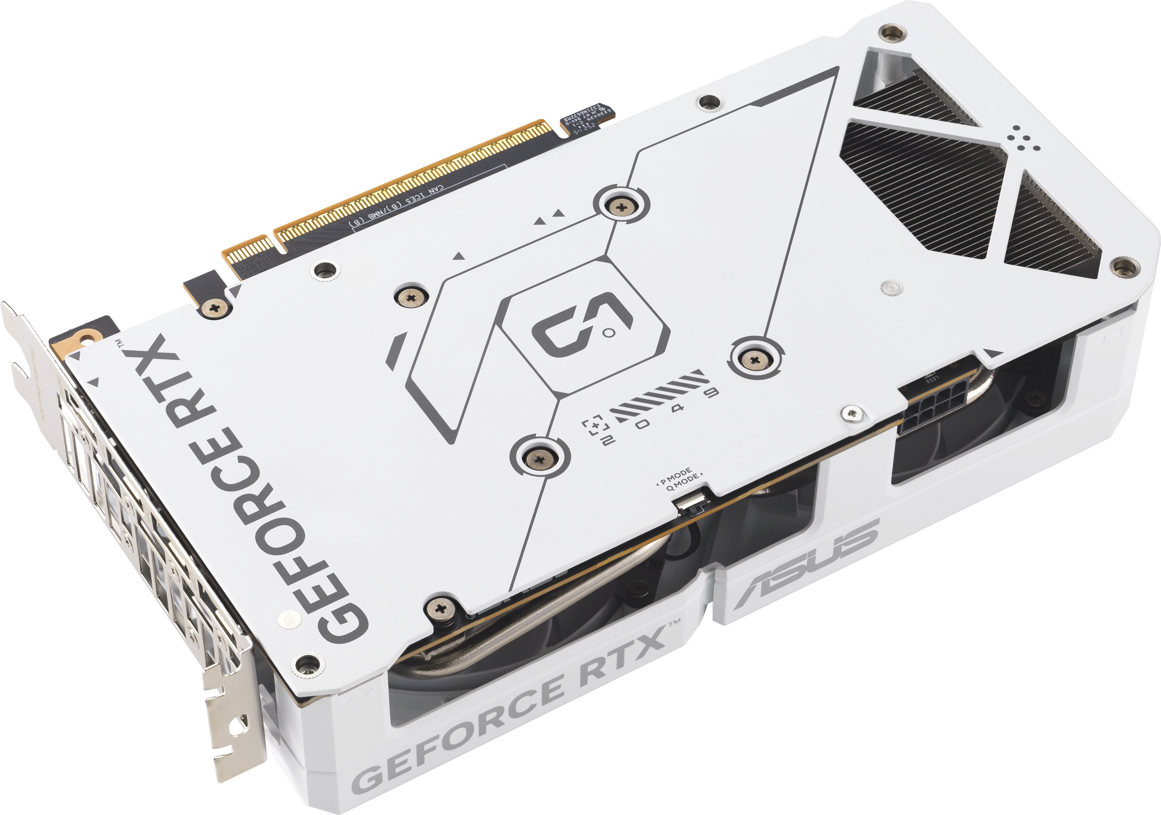 Une carte graphique GeForce RTX blanche et noire. La carte porte le logo ASUS. Un ventilateur est visible. Le fond est blanc.