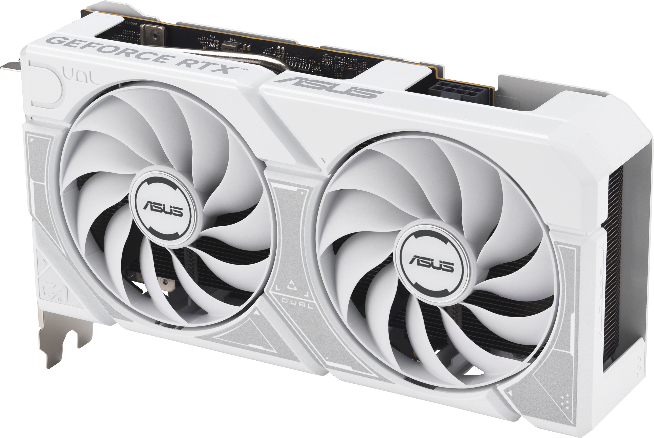 Carte graphique ASUS GeForce RTX blanche et argentée, avec deux ventilateurs. La carte est sur une surface blanche, orientée vers le spectateur.