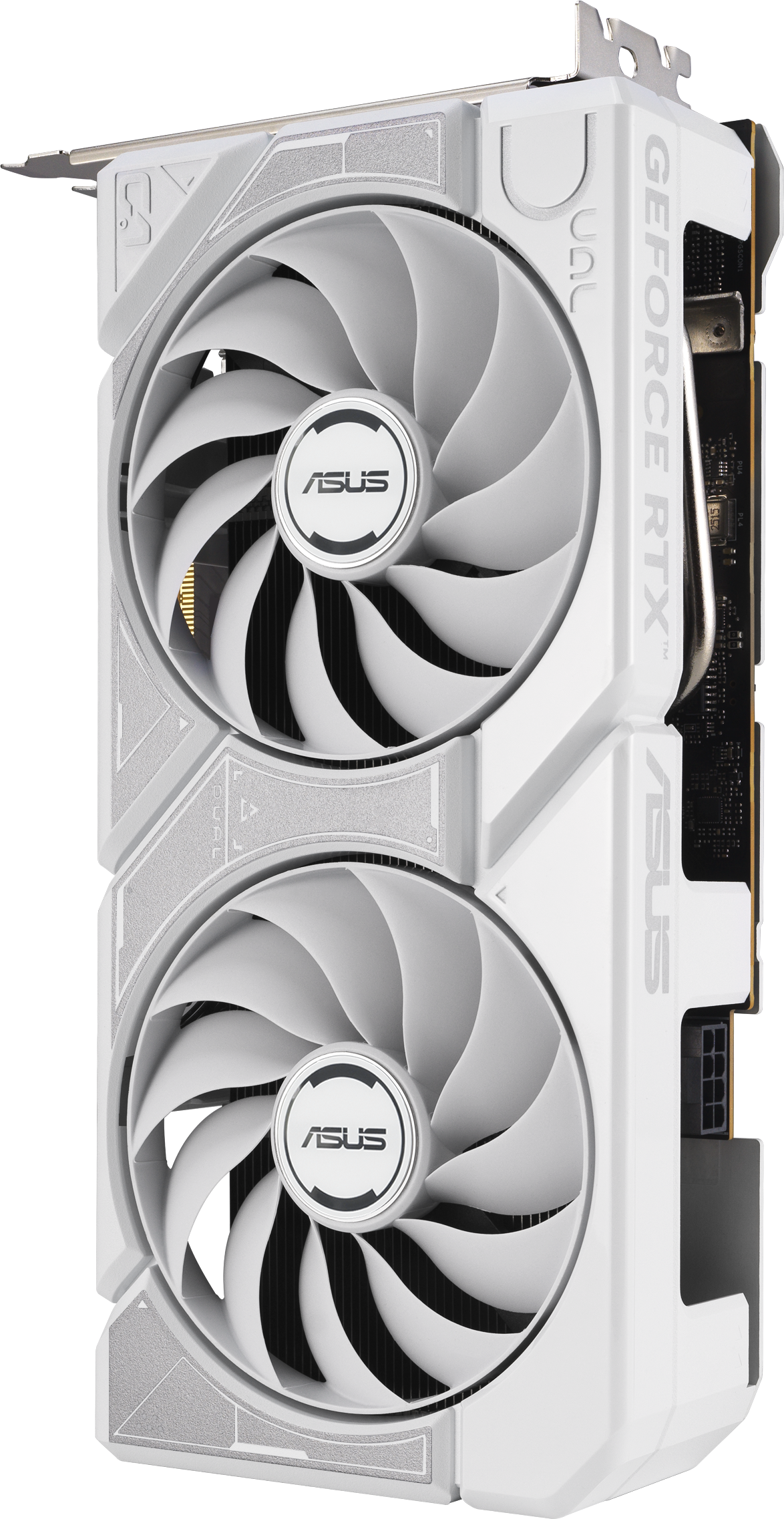 Une carte graphique ASUS GeForce RTX blanche avec deux ventilateurs. Les ventilateurs ont des pales incurvées et le logo ASUS au centre.