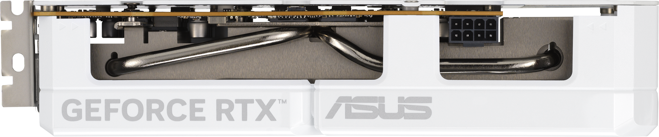 Une carte graphique blanche avec les logos GeForce RTX et ASUS argentés. On voit des caloducs en métal et des connecteurs.