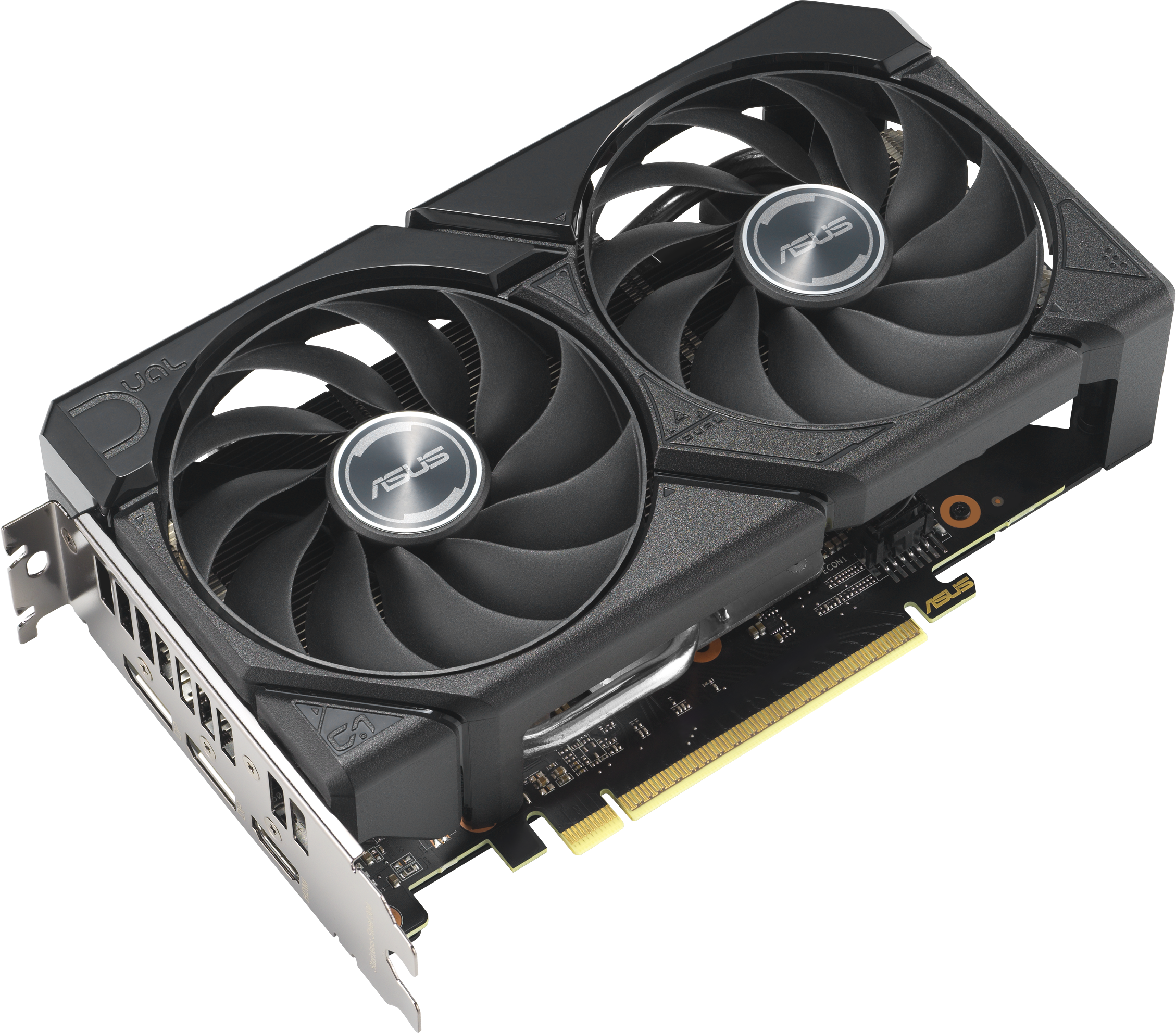 Une carte graphique ASUS noire et argentée avec deux ventilateurs. La carte est sur fond blanc.