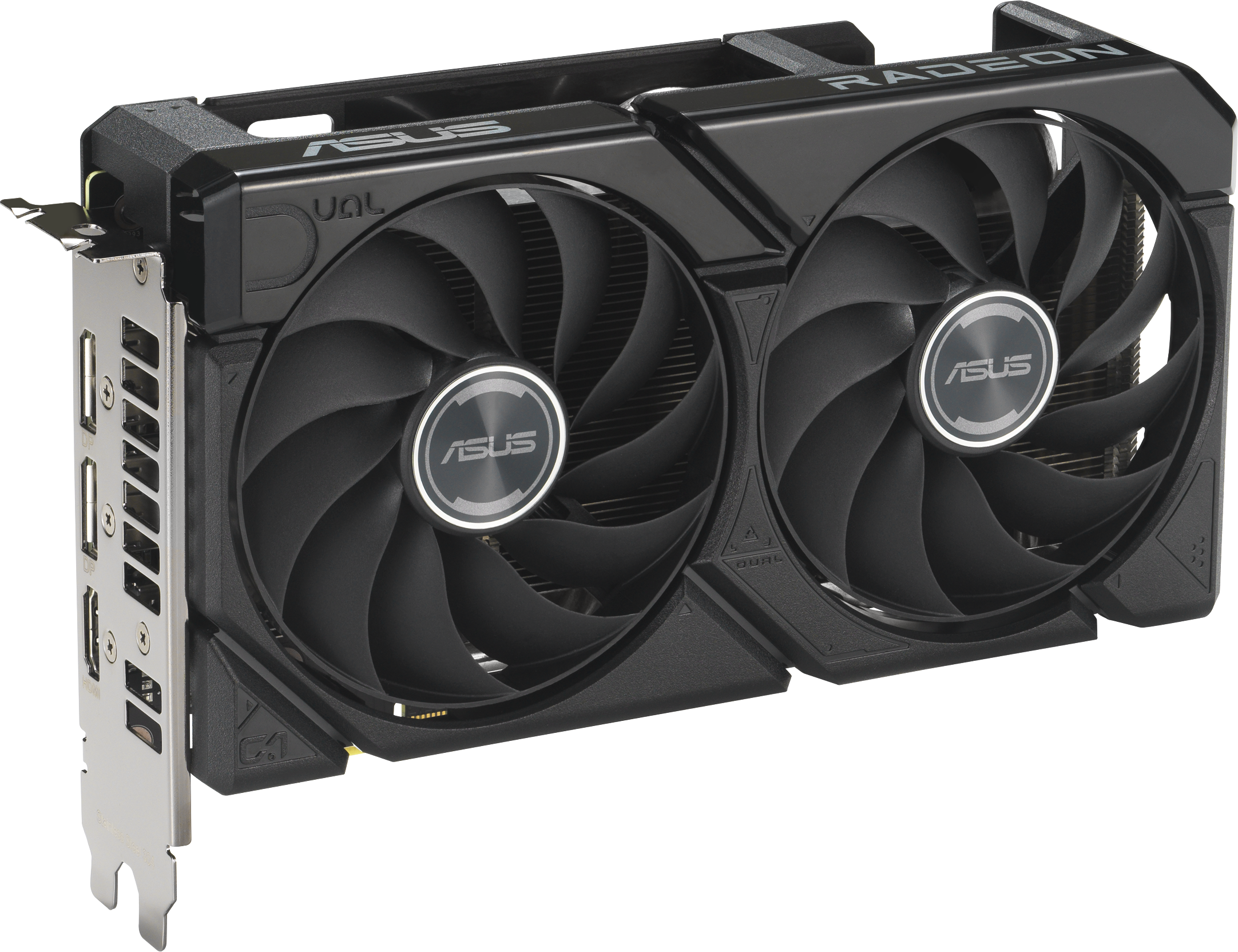Carte graphique ASUS Radeon noire avec deux ventilateurs. Ports argentés à gauche. Fond blanc.