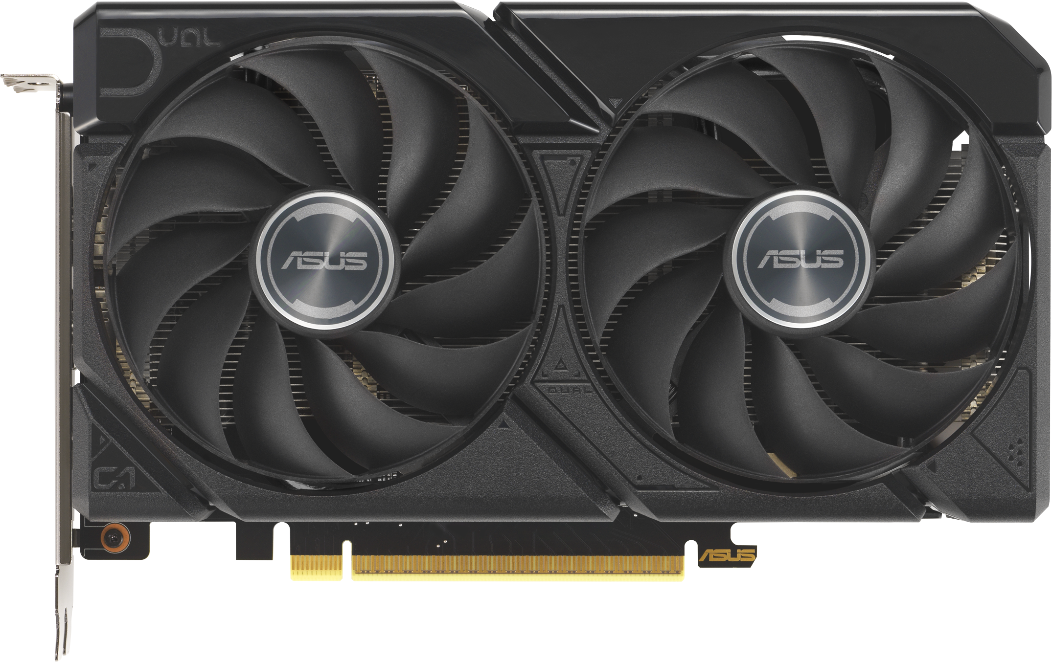 Une carte graphique ASUS noire avec deux ventilateurs. Chaque ventilateur a un logo ASUS argenté. La carte a un support métallique à gauche.