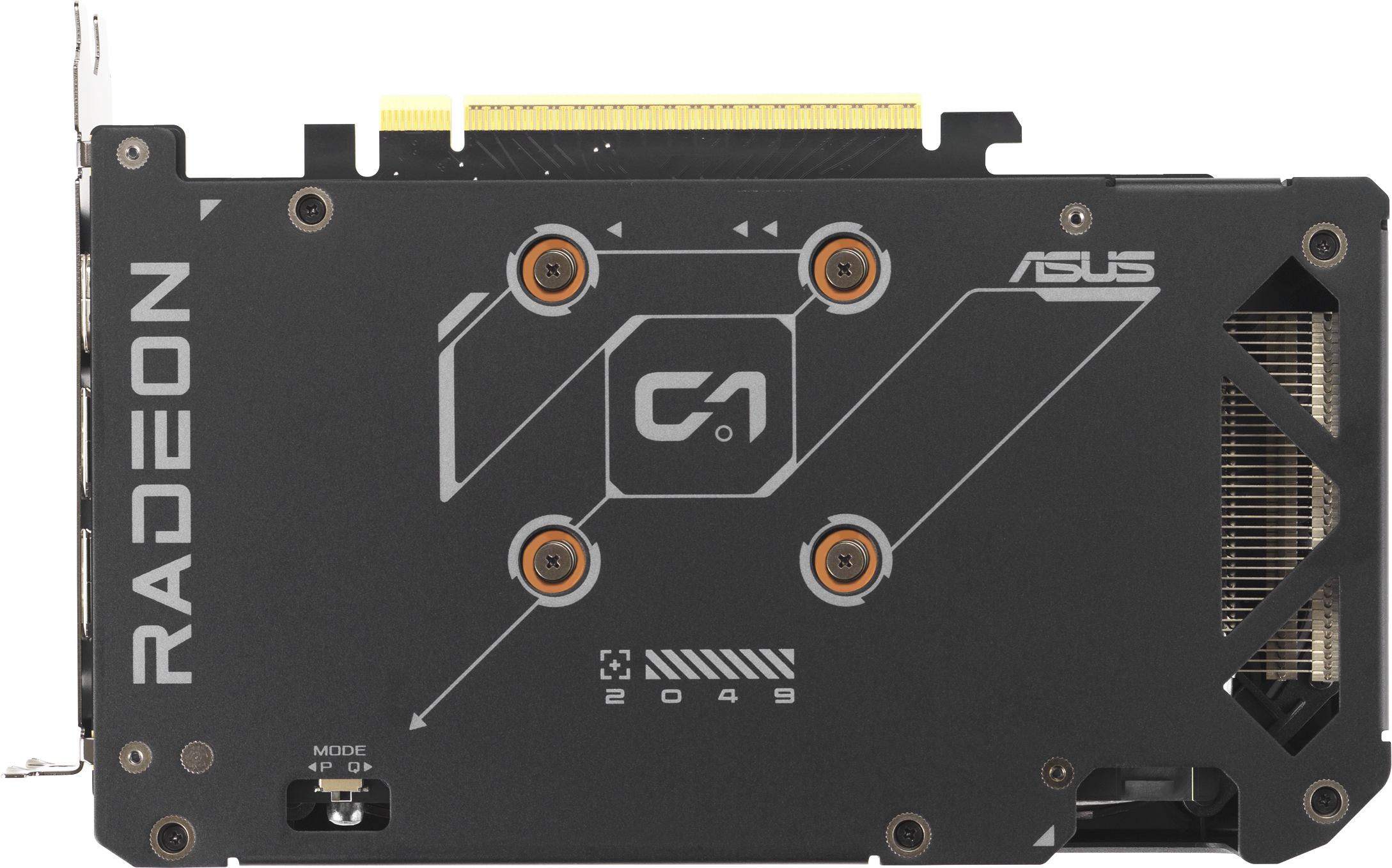 Plaque arrière noire de carte graphique avec logo Radeon, marque ASUS et accents argentés. Vis et un ventilateur visibles.