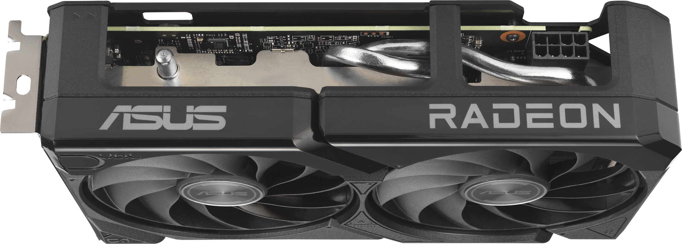 Une carte graphique ASUS Radeon noire avec deux ventilateurs. Le texte argenté indique ASUS et Radeon. Circuit visible.