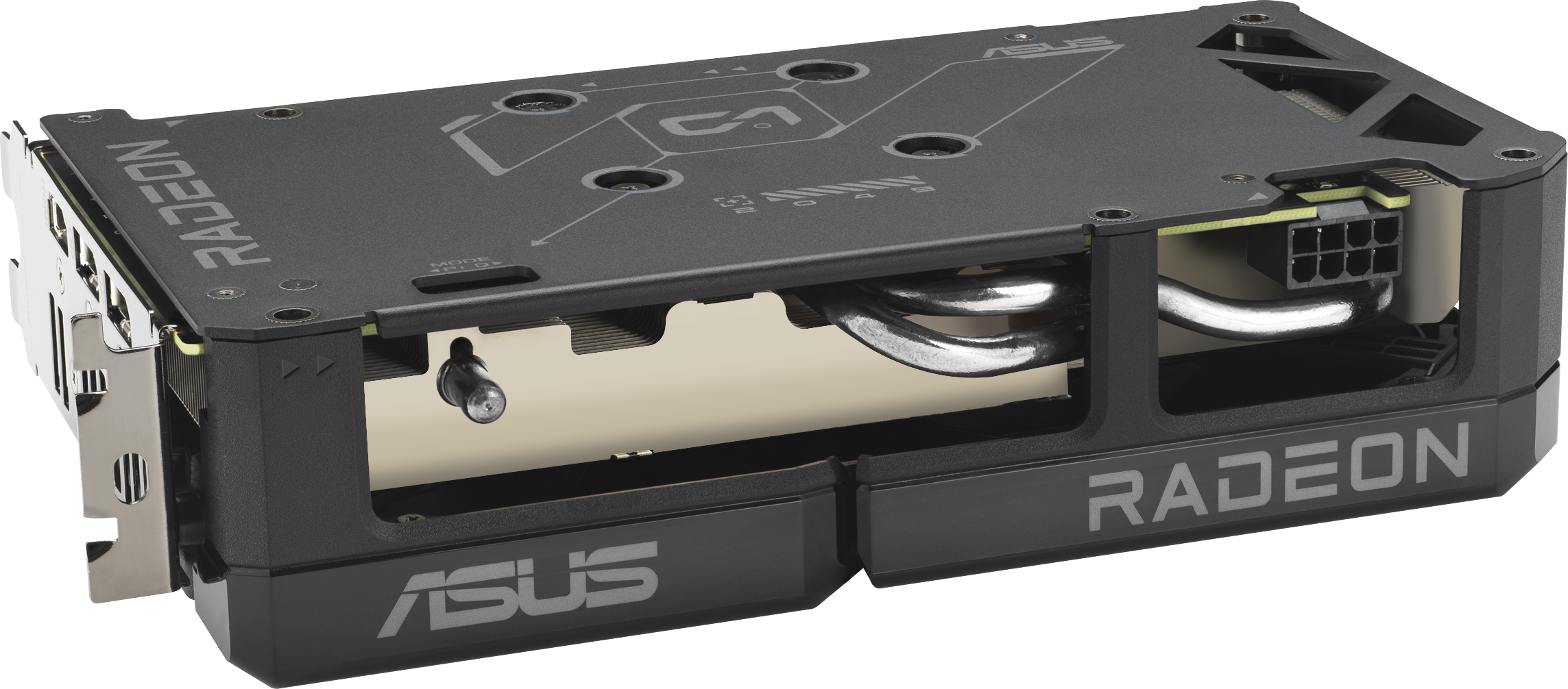 Une carte graphique ASUS Radeon noire. Elle a des accents argentés, un connecteur d'alimentation et le logo Radeon. Le fond est blanc.