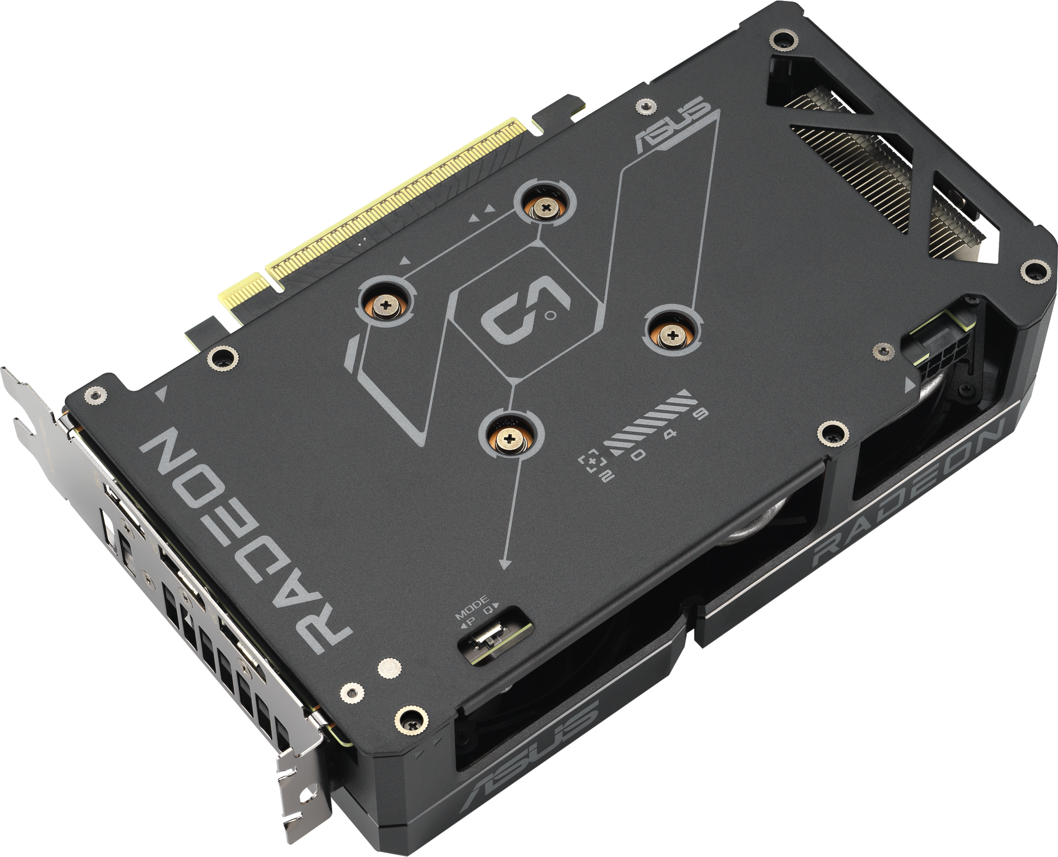 Une carte graphique ASUS Radeon noire et argentée. Elle comporte plusieurs vis, un ventilateur, et le mot RADEON est visible.