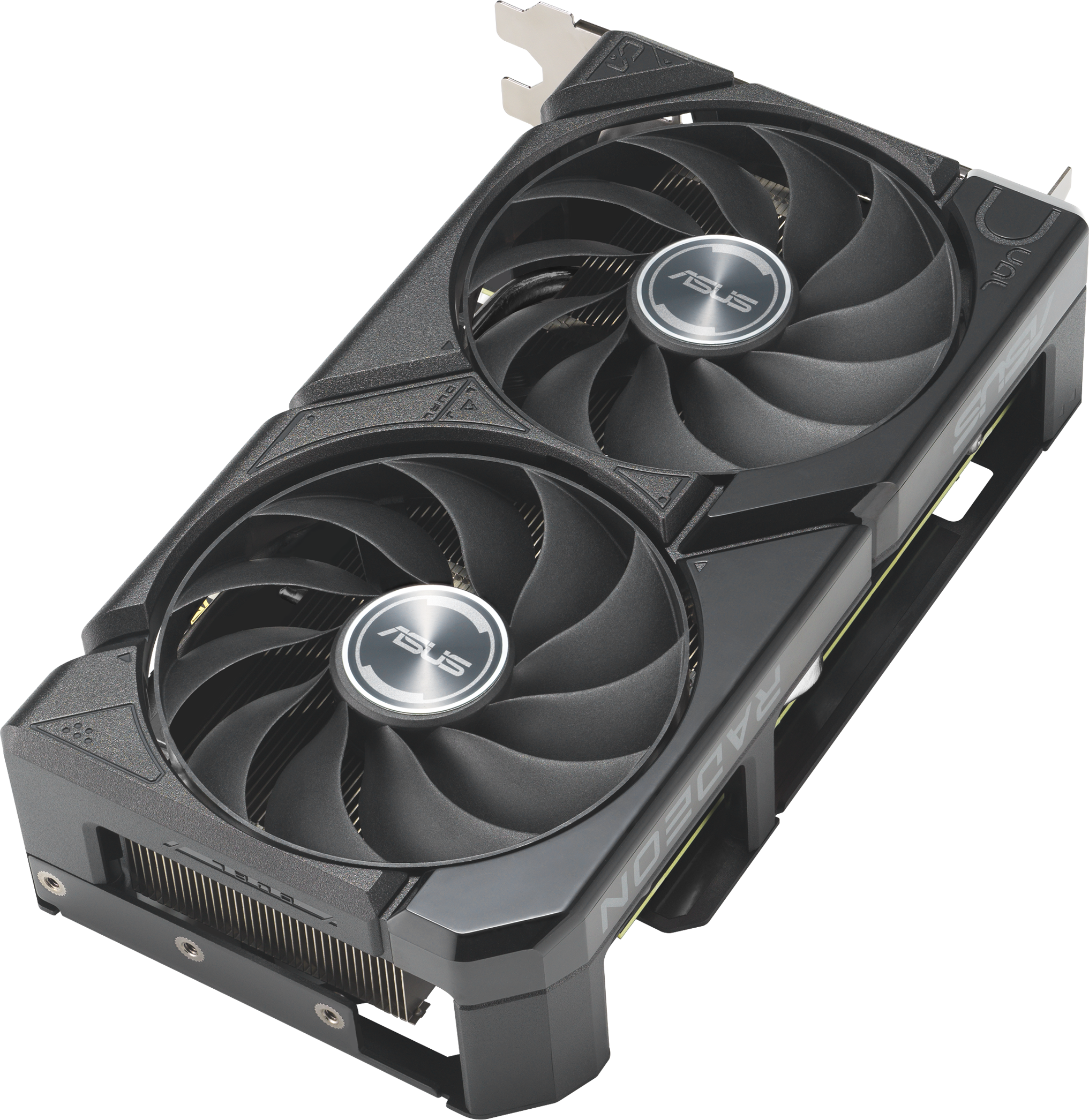Carte graphique ASUS Radeon noire avec deux ventilateurs. Logos ASUS argentés sur les ventilateurs. Texte RADEON sur le côté.