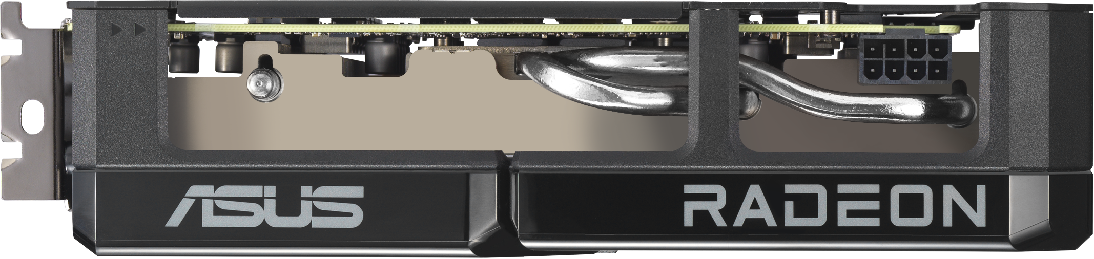 Gros plan sur une carte graphique ASUS Radeon noire et argentée, montrant des tuyaux de refroidissement et des connecteurs d'alimentation. Le fond est neutre.