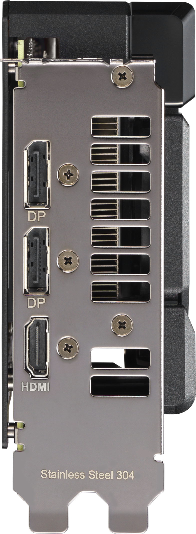 Gros plan du panneau arrière d'une carte graphique avec ports DP et HDMI. Il comporte des fentes d'aération et est en acier inoxydable.