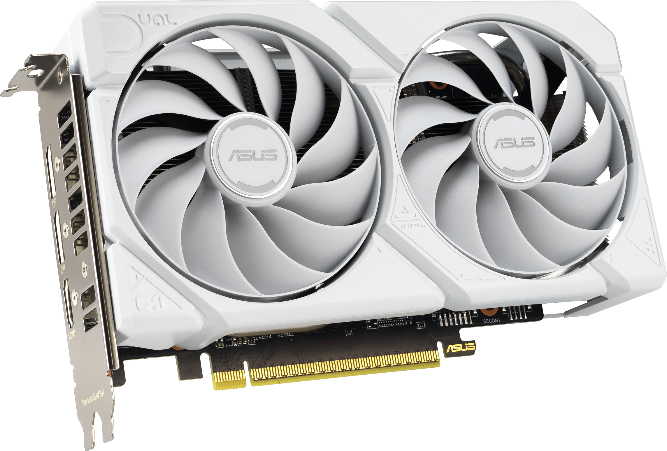 Carte graphique ASUS blanche avec deux grands ventilateurs. Support argenté à gauche. Circuit imprimé noir et doré.