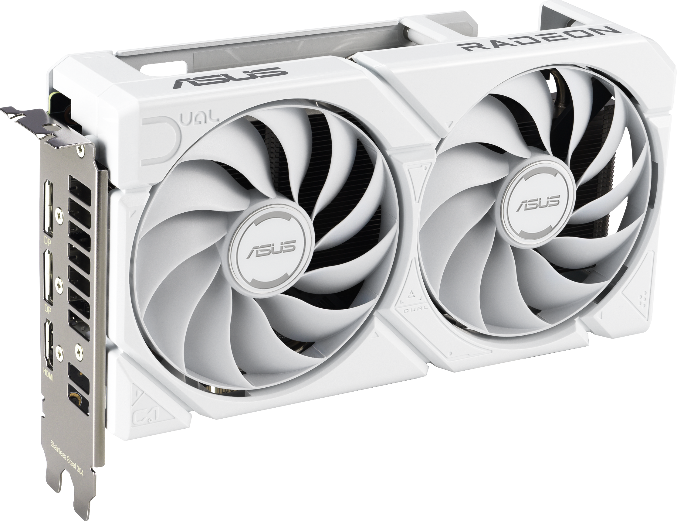 Une carte graphique ASUS Dual Radeon blanche avec deux ventilateurs. Les ports incluent HDMI et DP. La carte est sur une surface blanche.
